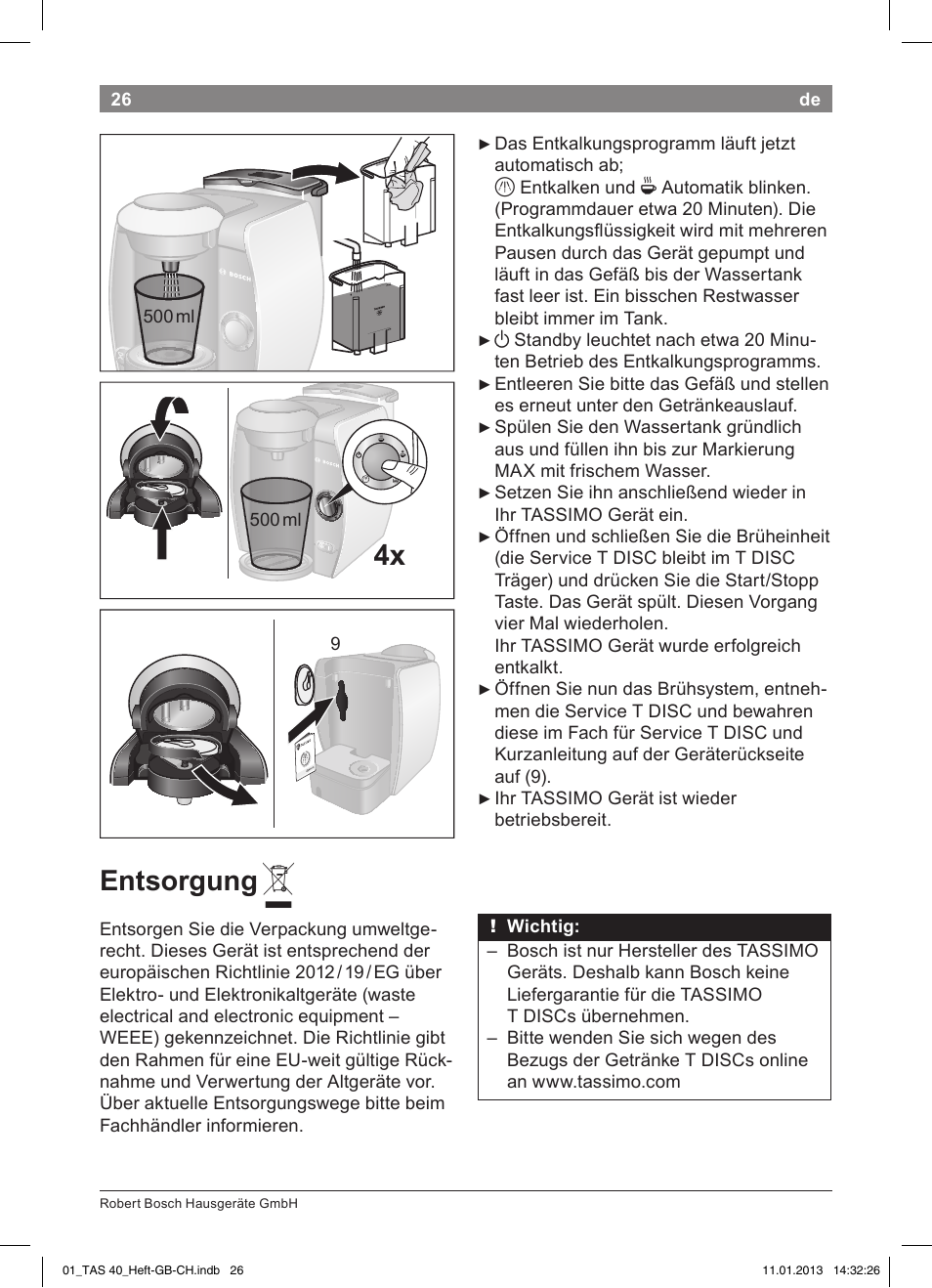 Entsorgung | Bosch Multigetränkesystem TAS4011 Silk Silver anthrazit User Manual | Page 26 / 58