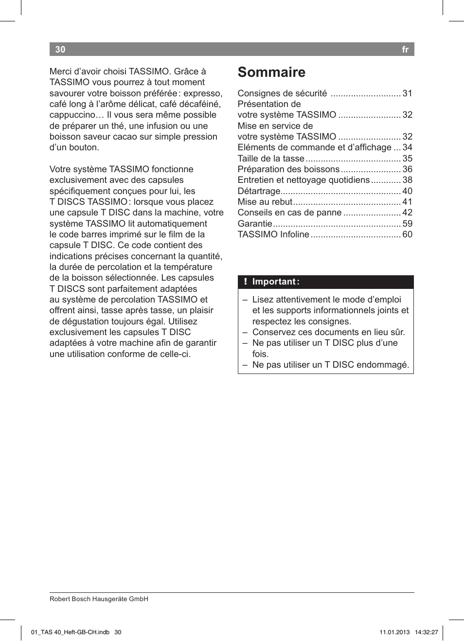 Sommaire | Bosch Multigetränkesystem TAS4011 Silk Silver anthrazit User Manual | Page 30 / 58