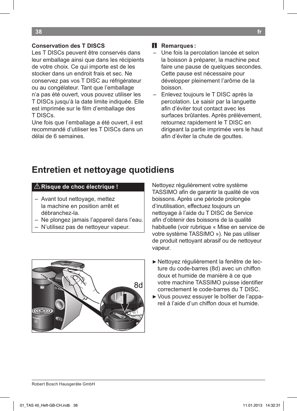 Entretien!et!nettoyage!quotidiens | Bosch Multigetränkesystem TAS4011 Silk Silver anthrazit User Manual | Page 38 / 58