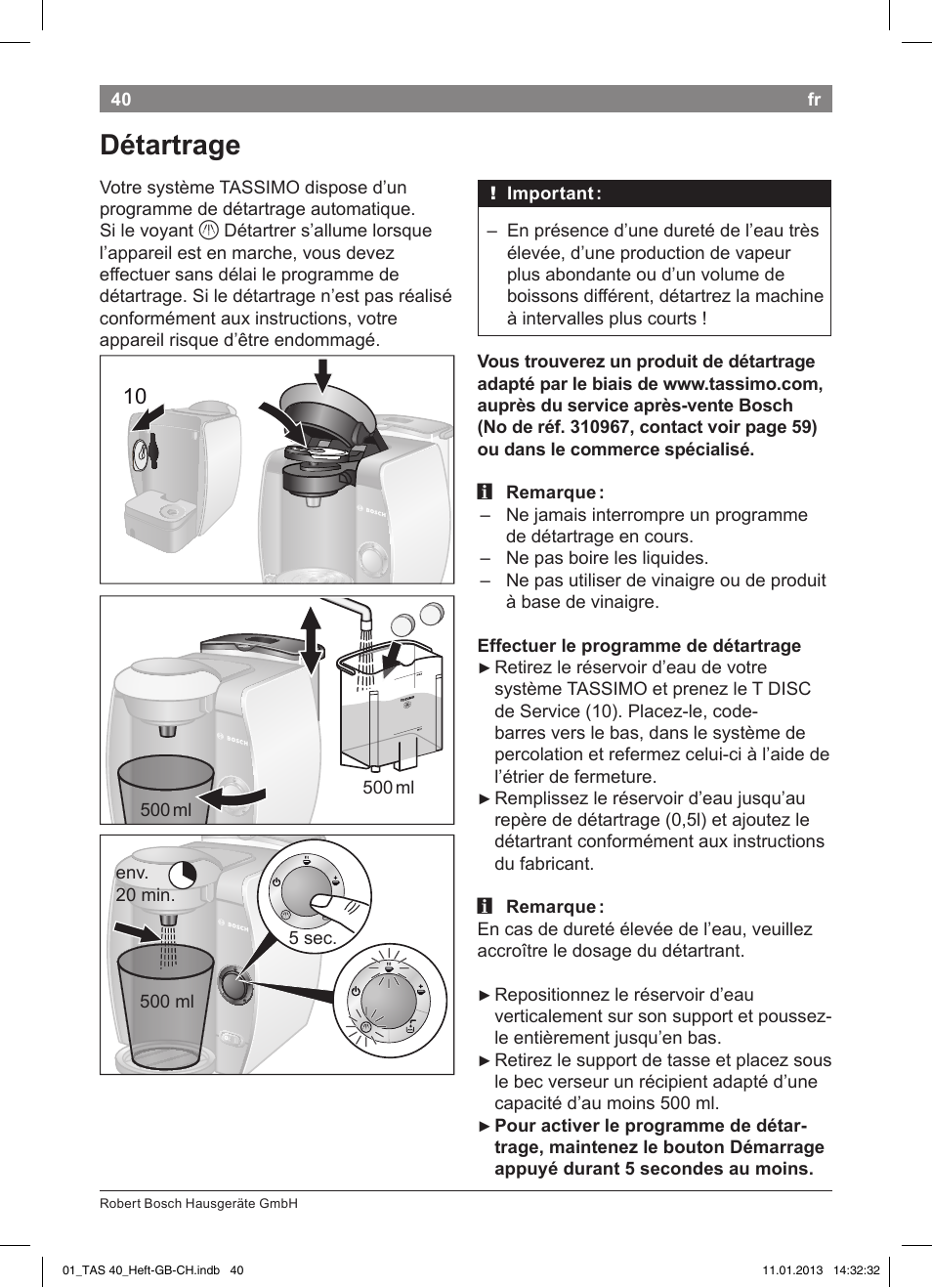 Détartrage | Bosch Multigetränkesystem TAS4011 Silk Silver anthrazit User Manual | Page 40 / 58