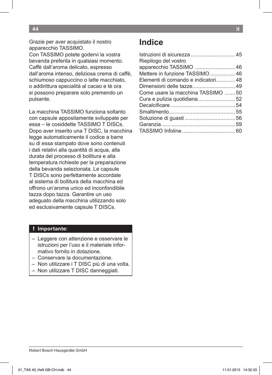 Indice | Bosch Multigetränkesystem TAS4011 Silk Silver anthrazit User Manual | Page 44 / 58