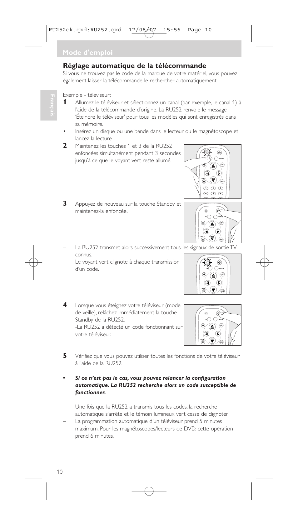 Réglage automatique de la télécommande, Mode d'emploi | Philips SBCRU252 User Manual | Page 10 / 72