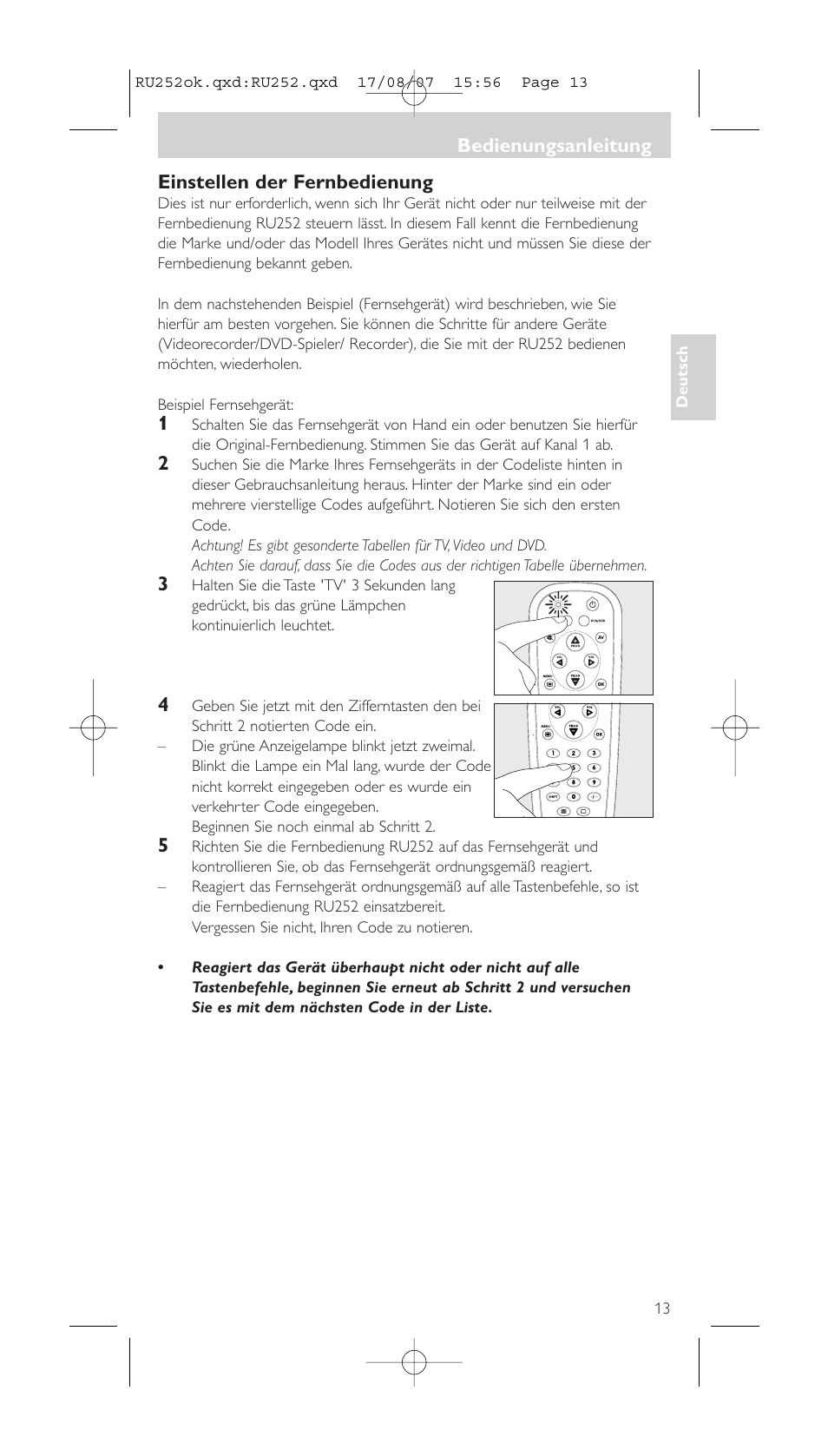 Einstellen der fernbedienung, Bedienungsanleitung | Philips SBCRU252 User Manual | Page 13 / 72