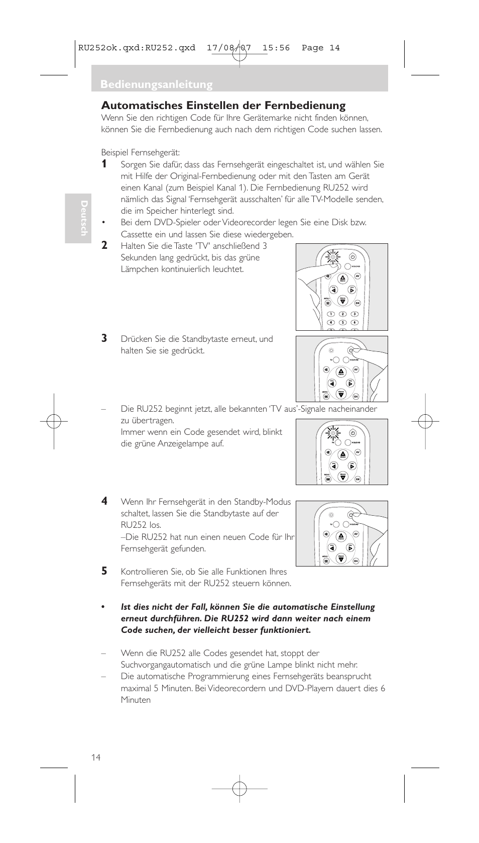 Automatisches einstellen der fernbedienung, Bedienungsanleitung | Philips SBCRU252 User Manual | Page 14 / 72