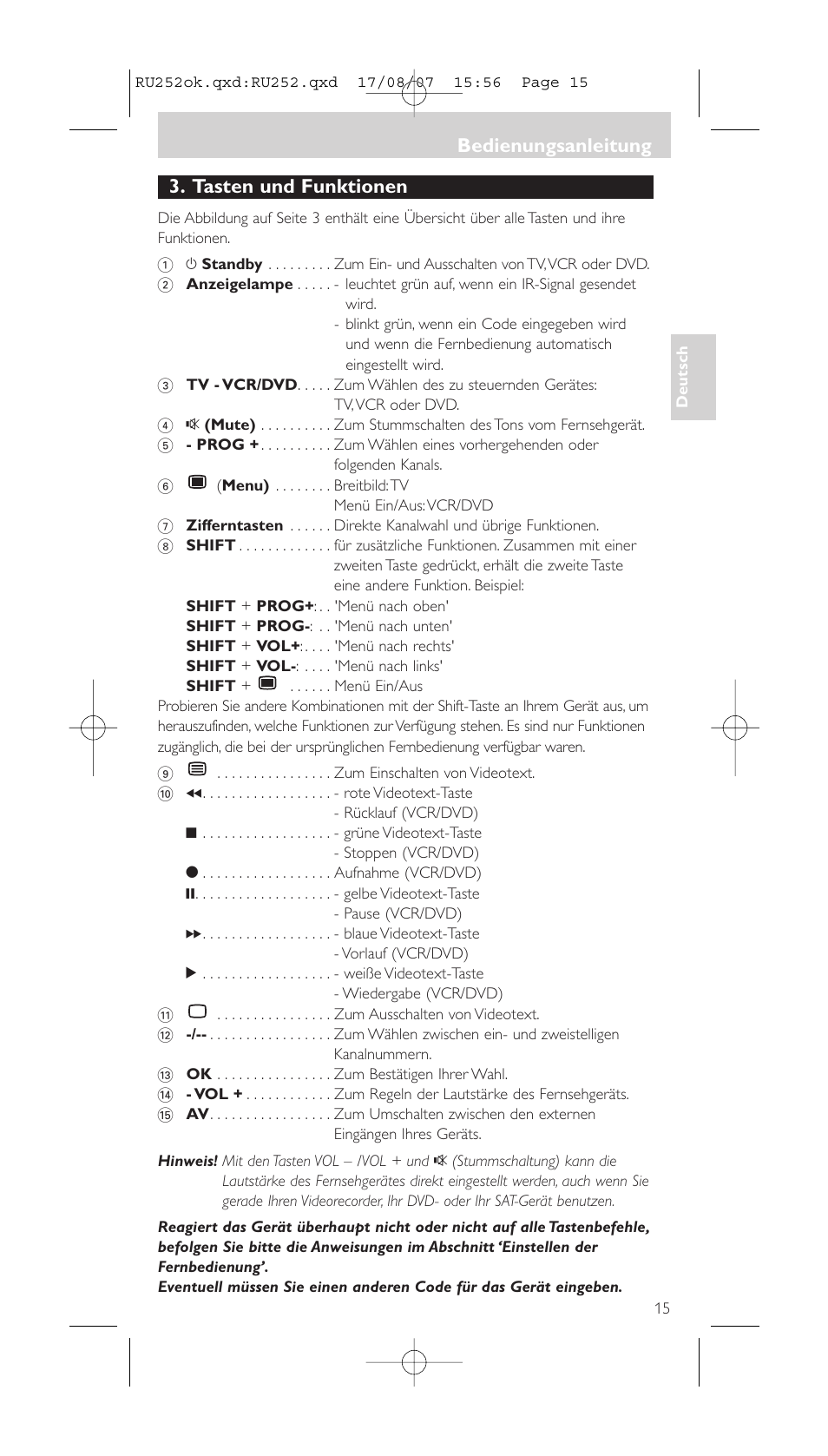 Tasten und funktionen, Bedienungsanleitung | Philips SBCRU252 User Manual | Page 15 / 72