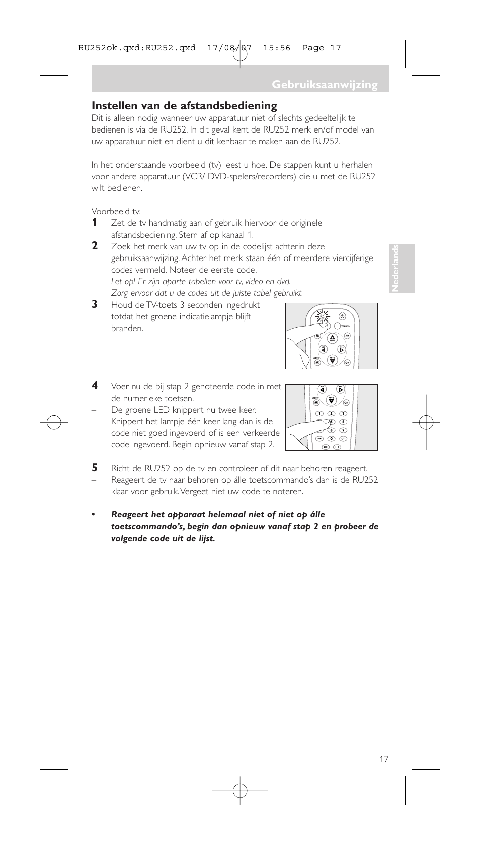 Instellen van de afstandsbediening, Gebruiksaanwijzing | Philips SBCRU252 User Manual | Page 17 / 72