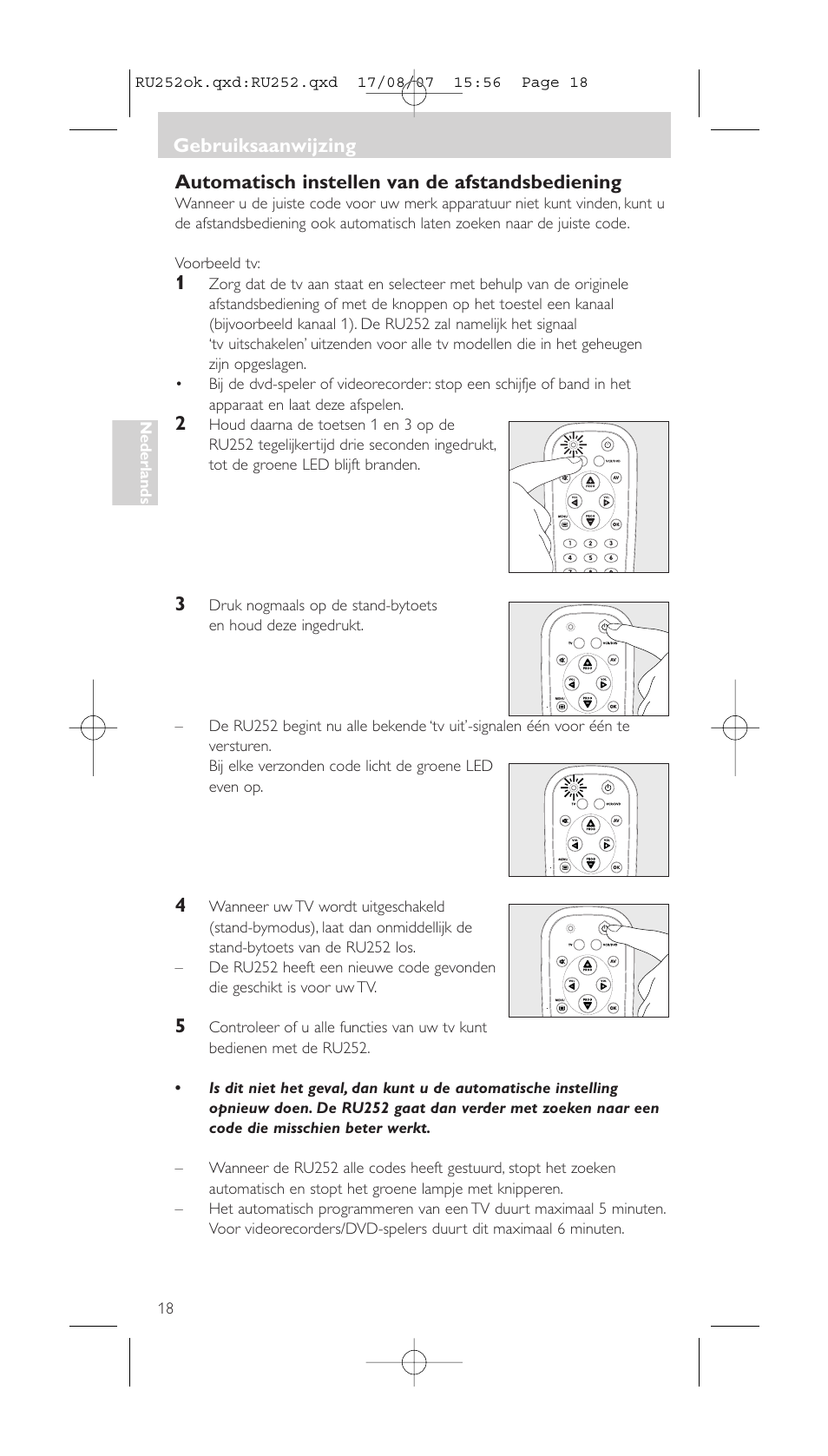 Automatisch instellen van de afstandsbediening, Gebruiksaanwijzing | Philips SBCRU252 User Manual | Page 18 / 72