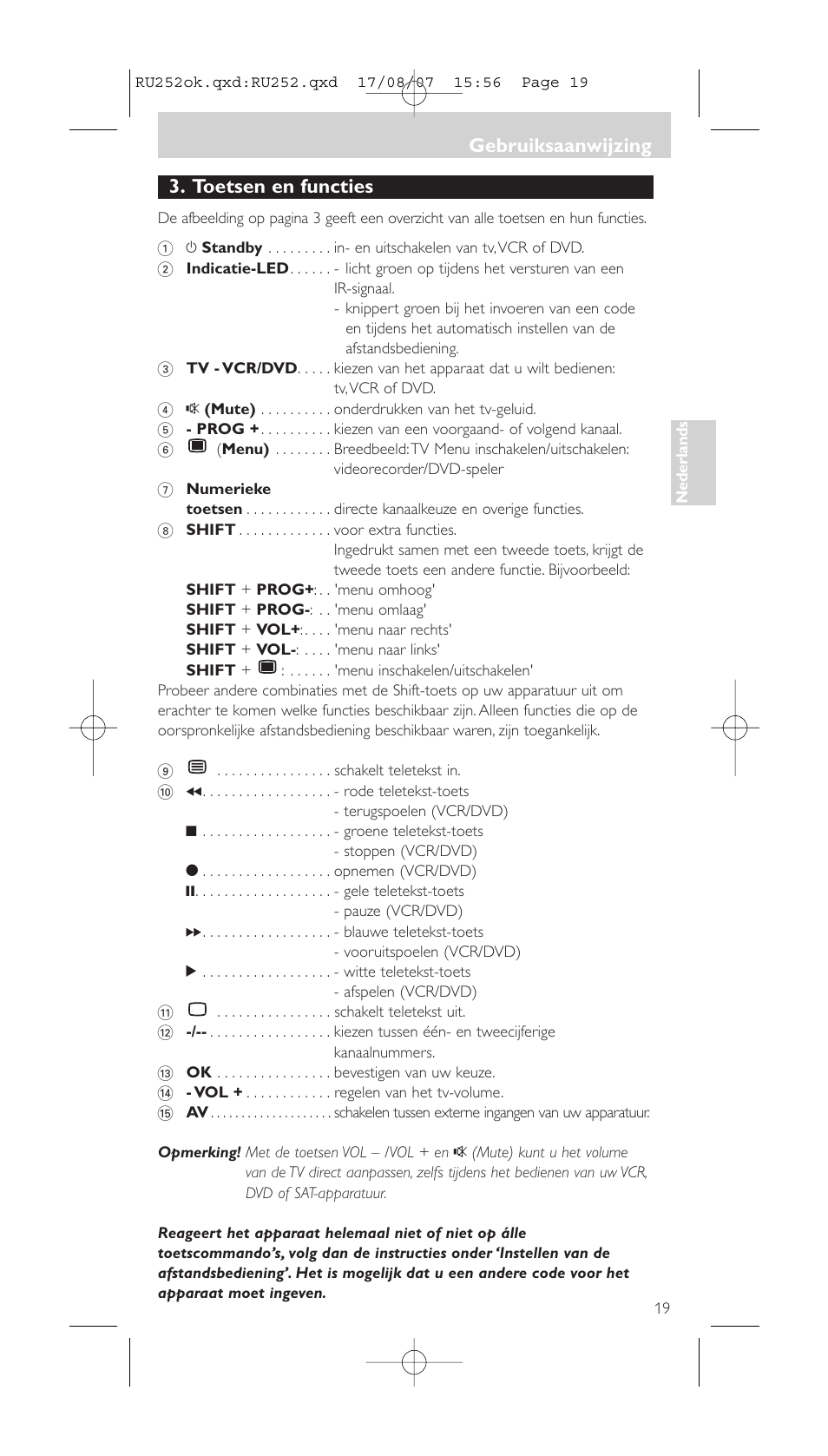 Toetsen en functies, Gebruiksaanwijzing | Philips SBCRU252 User Manual | Page 19 / 72