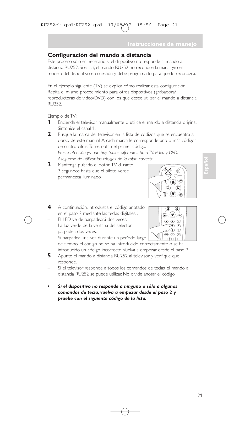 Configuración del mando a distancia, Instrucciones de manejo | Philips SBCRU252 User Manual | Page 21 / 72