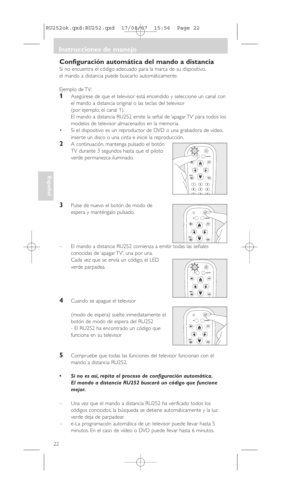 Configuración automática del mando a distancia, Instrucciones de manejo | Philips SBCRU252 User Manual | Page 22 / 72
