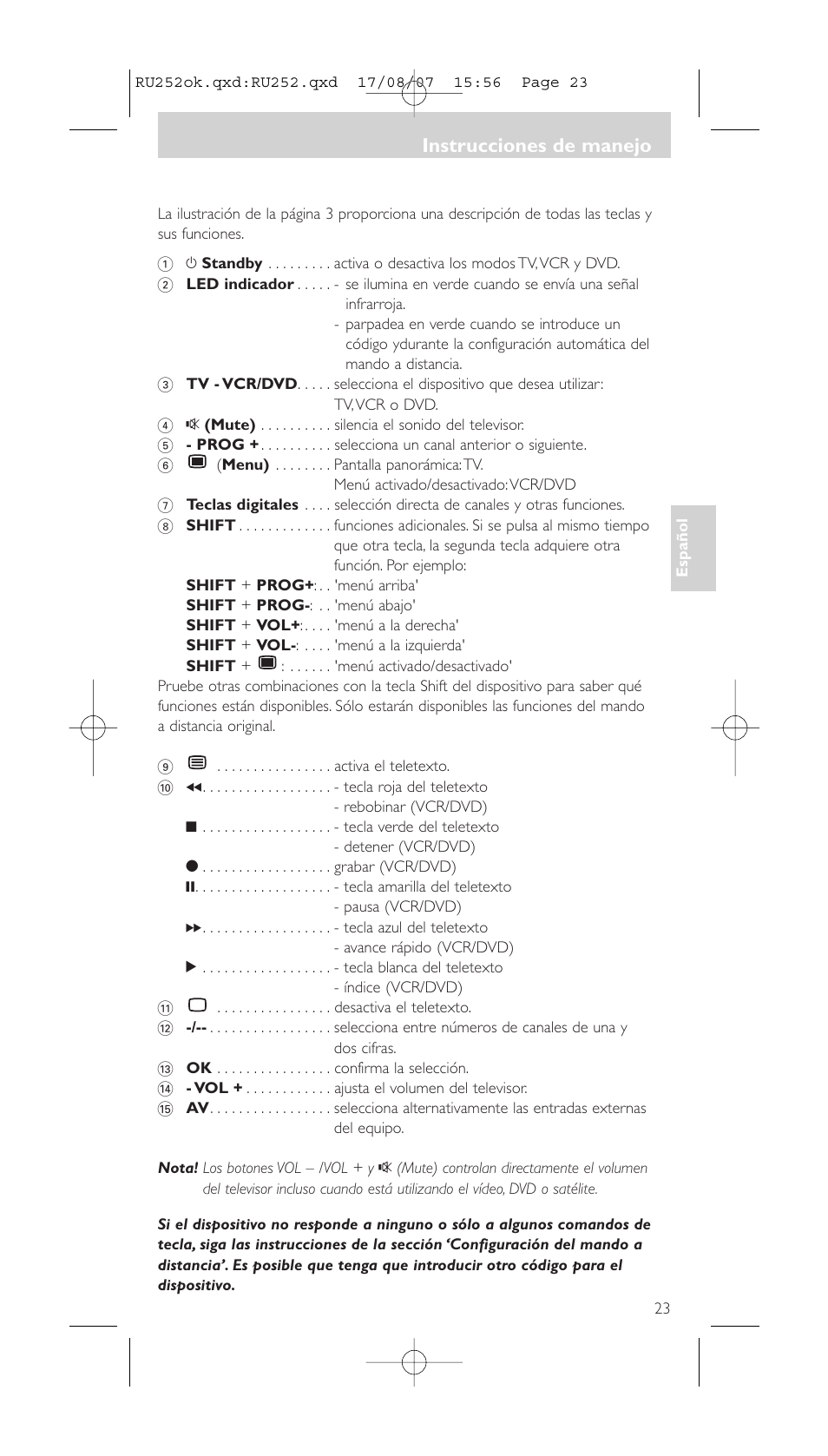 Teclas y funciones, Instrucciones de manejo | Philips SBCRU252 User Manual | Page 23 / 72