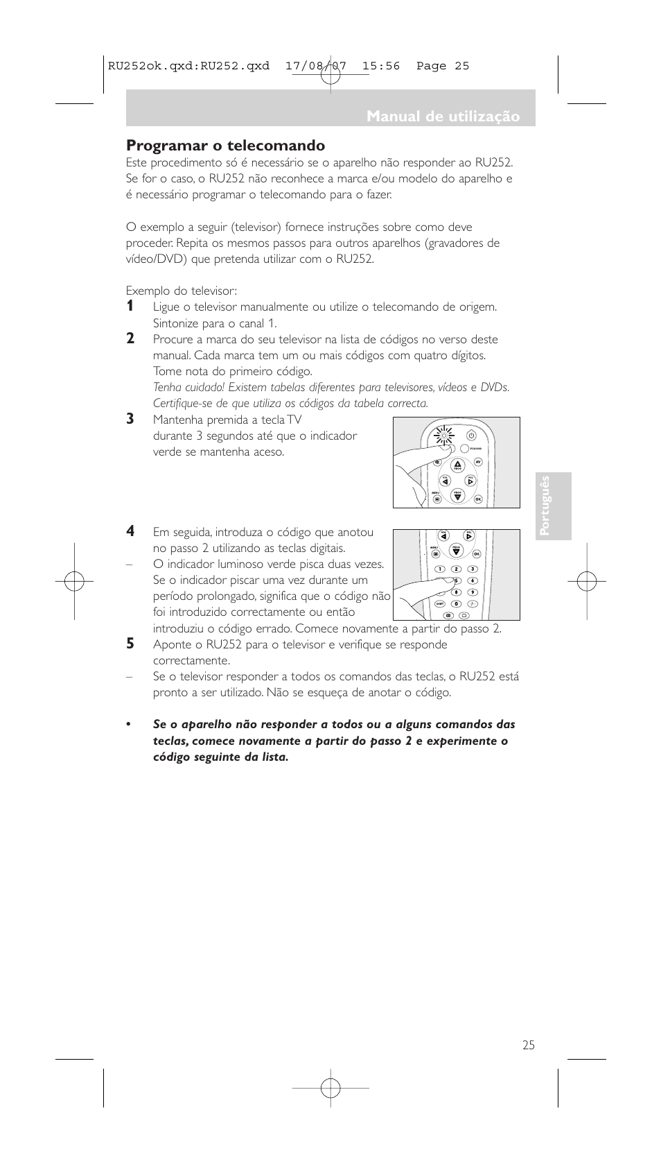 Programar o telecomando, Manual de utilização | Philips SBCRU252 User Manual | Page 25 / 72
