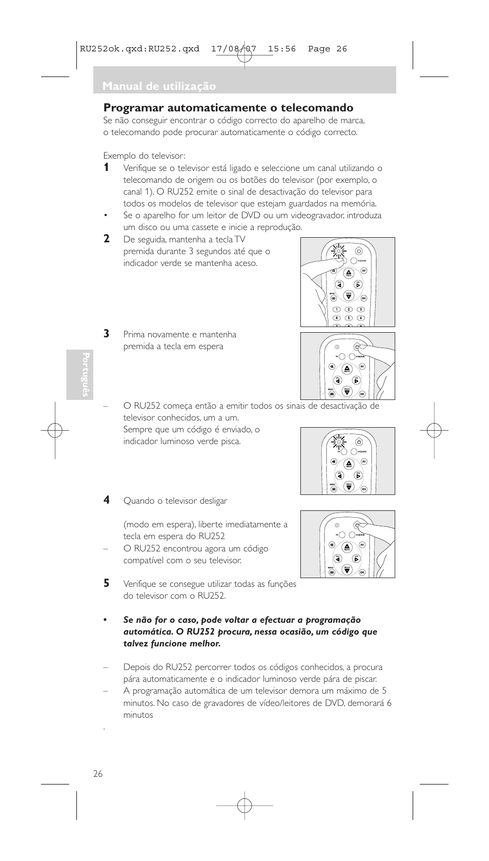 Programar automaticamente o telecomando, Manual de utilização | Philips SBCRU252 User Manual | Page 26 / 72