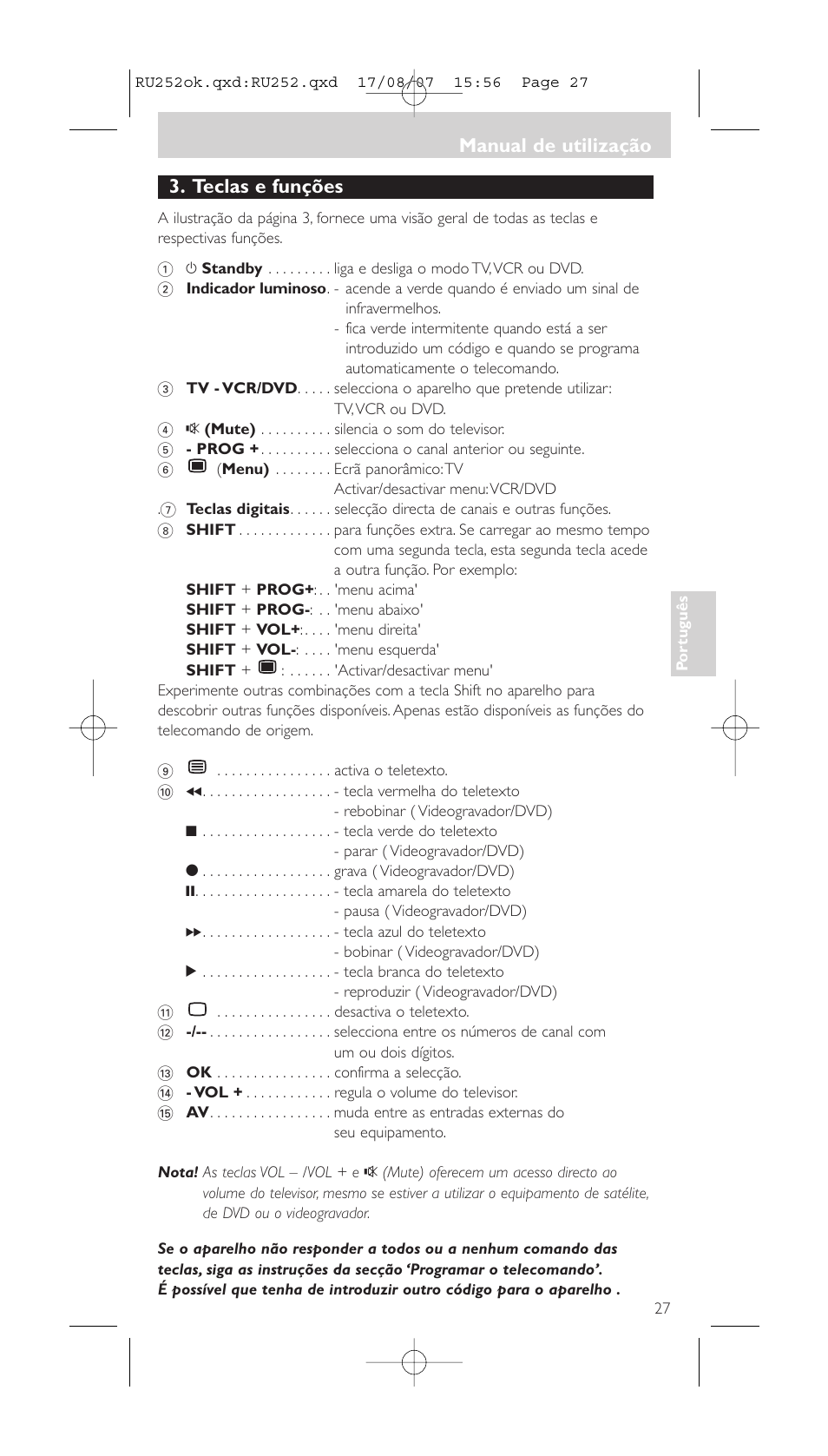 Teclas e funções, Manual de utilização | Philips SBCRU252 User Manual | Page 27 / 72