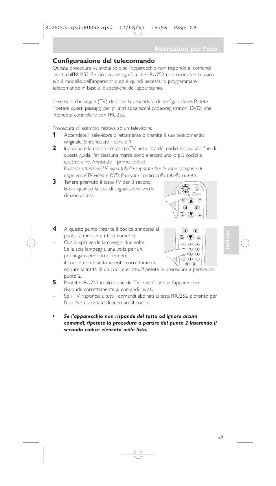Configurazione del telecomando, Instruzioni per l'uso | Philips SBCRU252 User Manual | Page 29 / 72