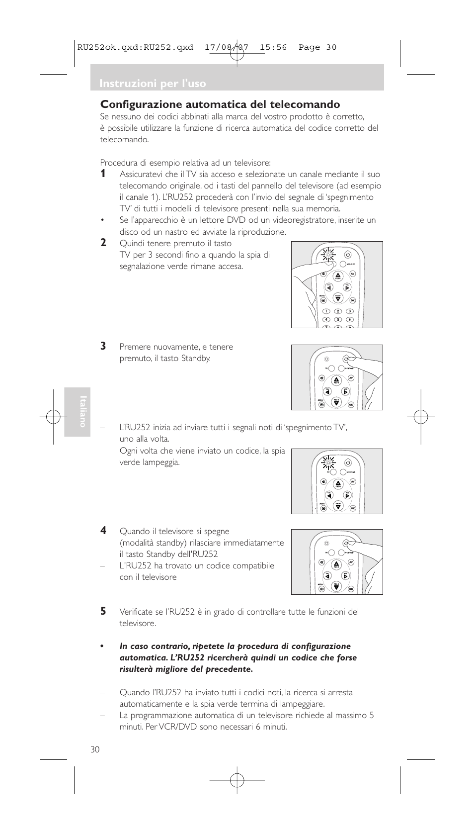 Configurazione automatica del telecomando, Instruzioni per l'uso | Philips SBCRU252 User Manual | Page 30 / 72