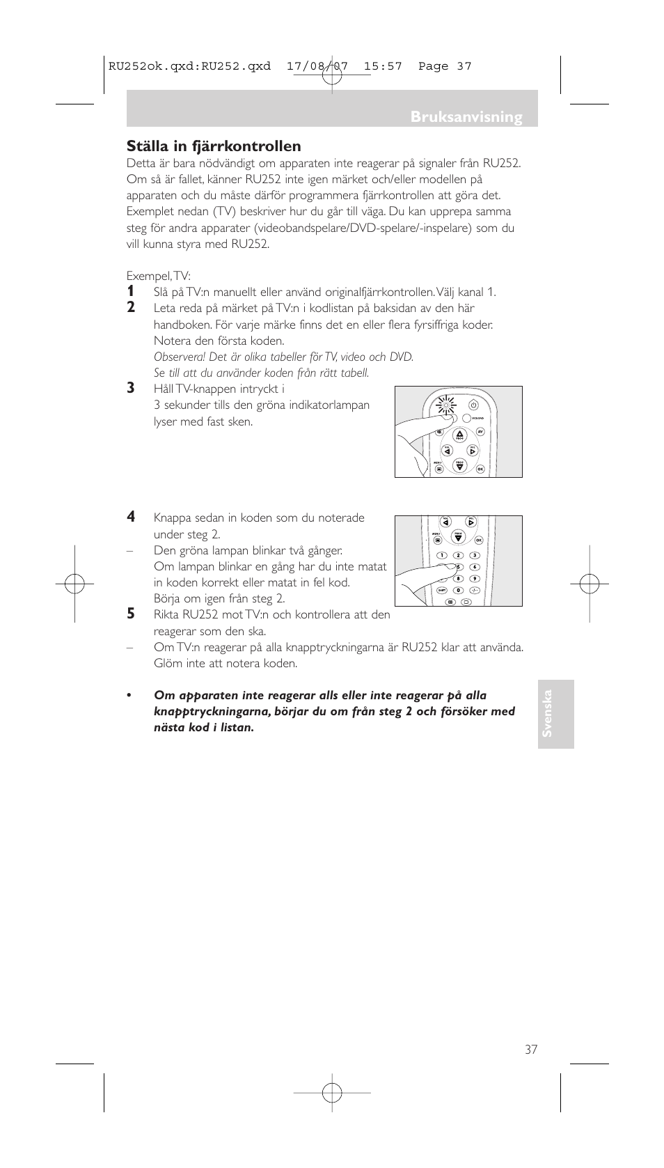 Ställa in fjärrkontrollen, Bruksanvisning | Philips SBCRU252 User Manual | Page 37 / 72