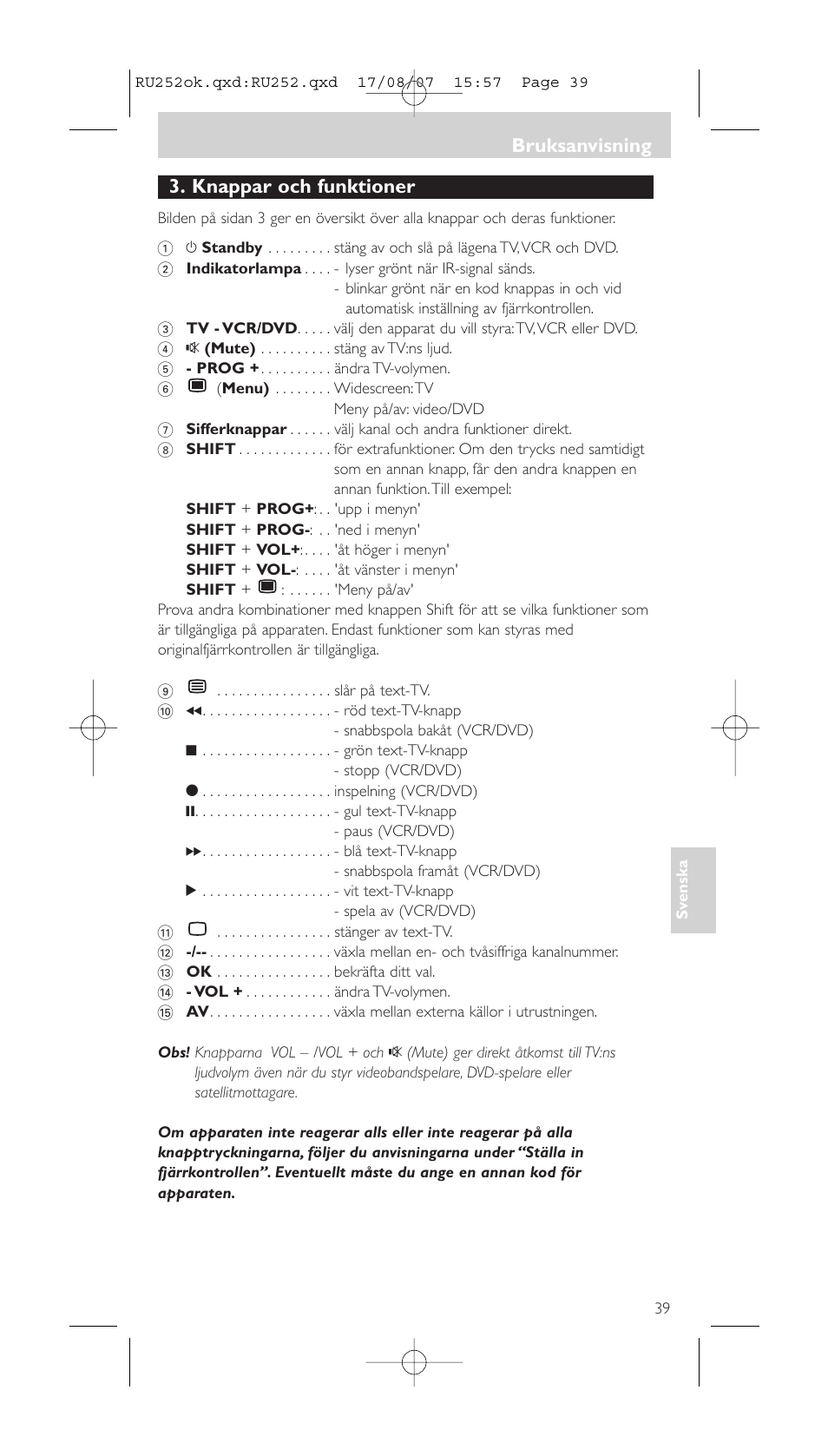 Knappar och funktioner, Bruksanvisning | Philips SBCRU252 User Manual | Page 39 / 72