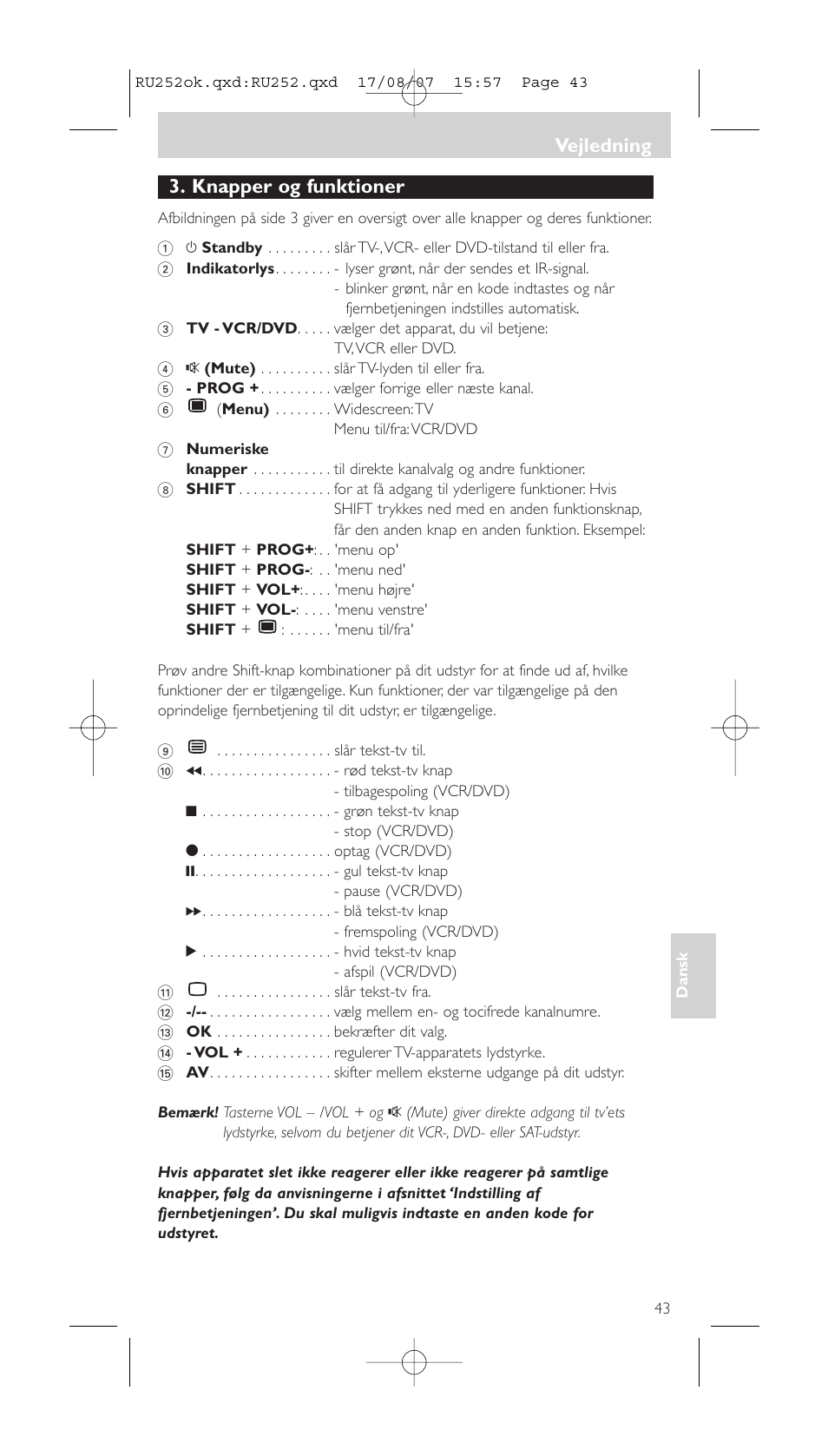 Knapper og funktioner, Vejledning | Philips SBCRU252 User Manual | Page 43 / 72