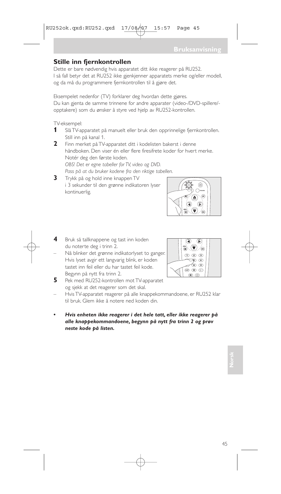 Stille inn fjernkontrollen, Bruksanvisning | Philips SBCRU252 User Manual | Page 45 / 72