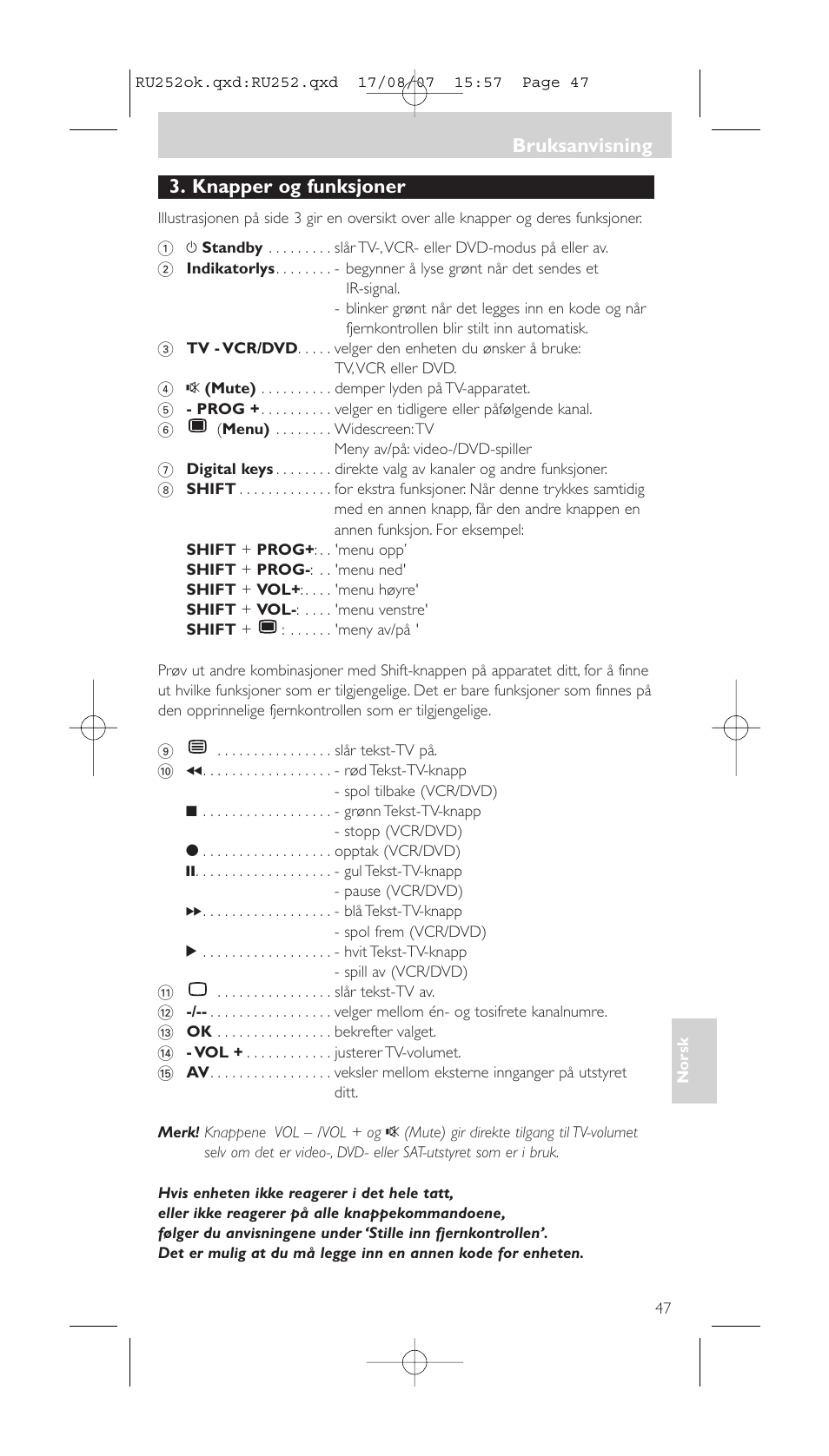 Knapper og funksjoner, Bruksanvisning | Philips SBCRU252 User Manual | Page 47 / 72