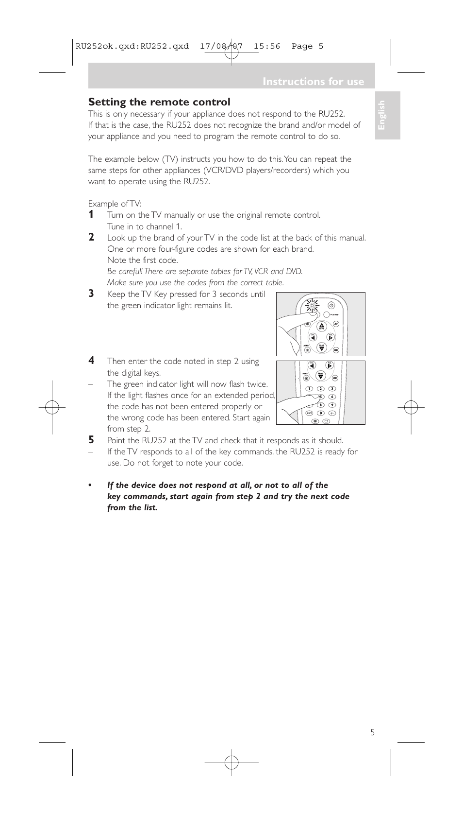 Instructions for use, Setting the remote control | Philips SBCRU252 User Manual | Page 5 / 72