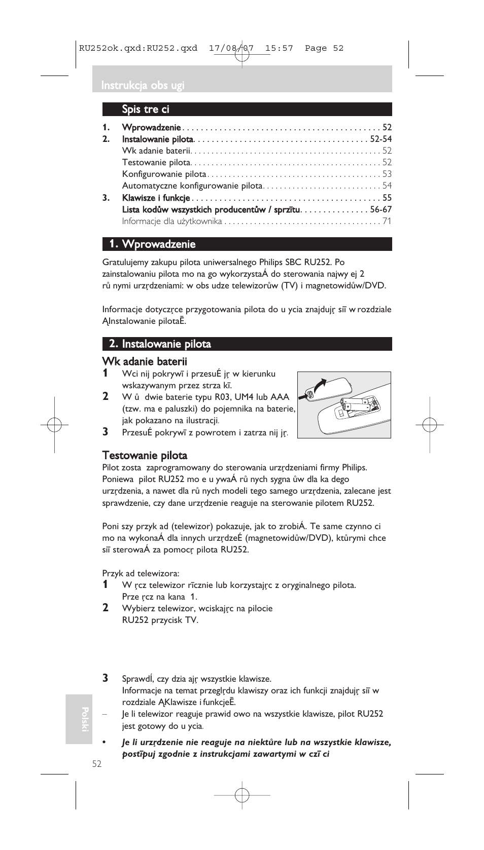 Spis tre ci, Wprowadzenie, Instalowanie pilota wk adanie baterii 1 | Testowanie pilota, Instrukcja obs ugi | Philips SBCRU252 User Manual | Page 52 / 72