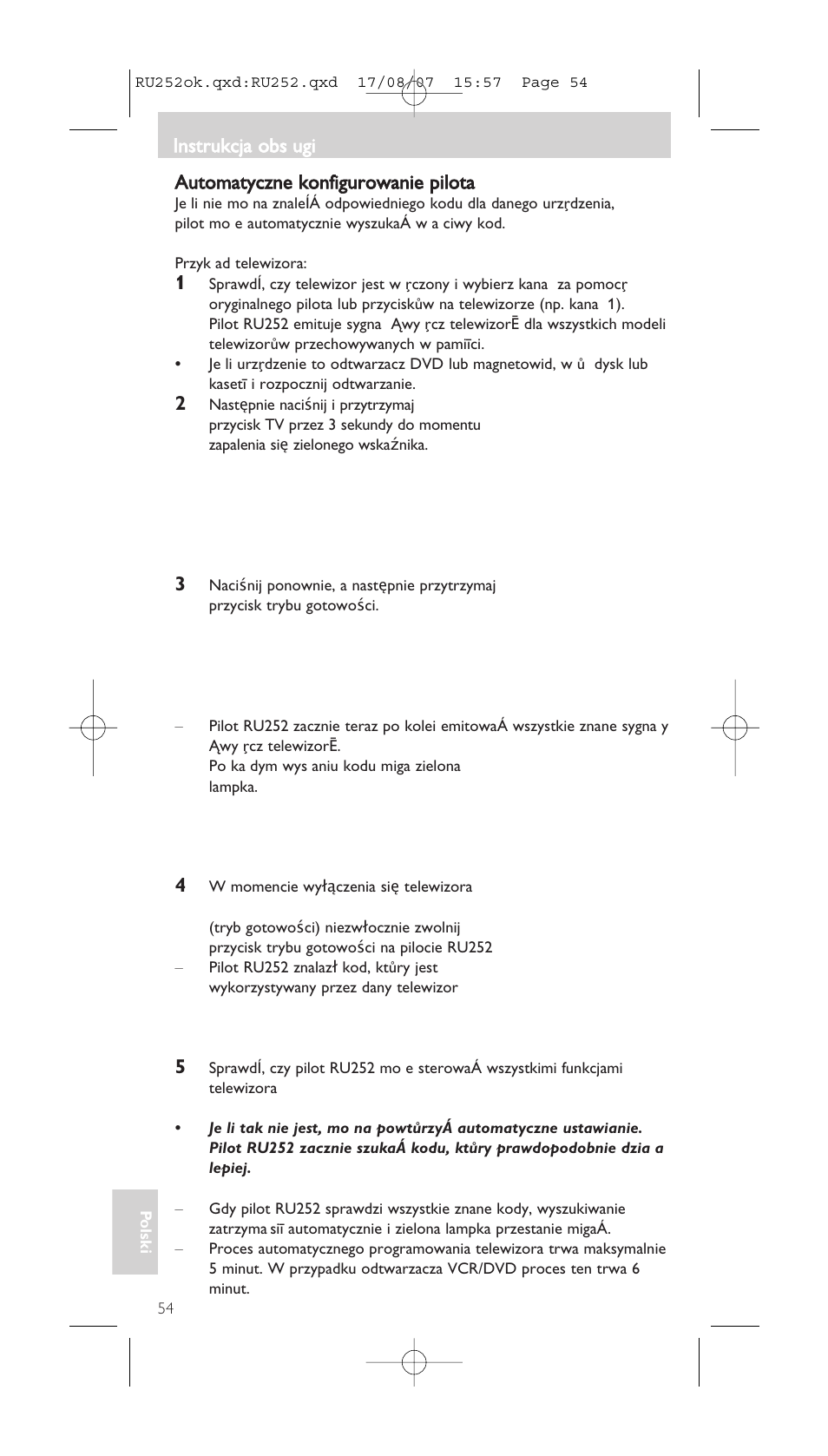Automatyczne konfigurowanie pilota, Instrukcja obs ugi | Philips SBCRU252 User Manual | Page 54 / 72
