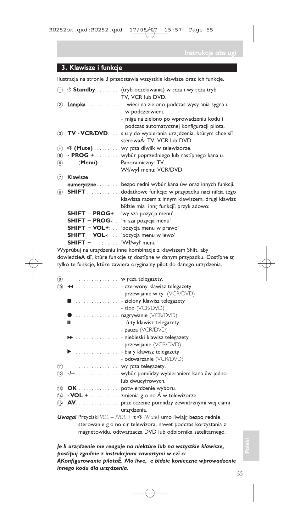 Klawisze i funkcje, Instrukcja obs ugi | Philips SBCRU252 User Manual | Page 55 / 72