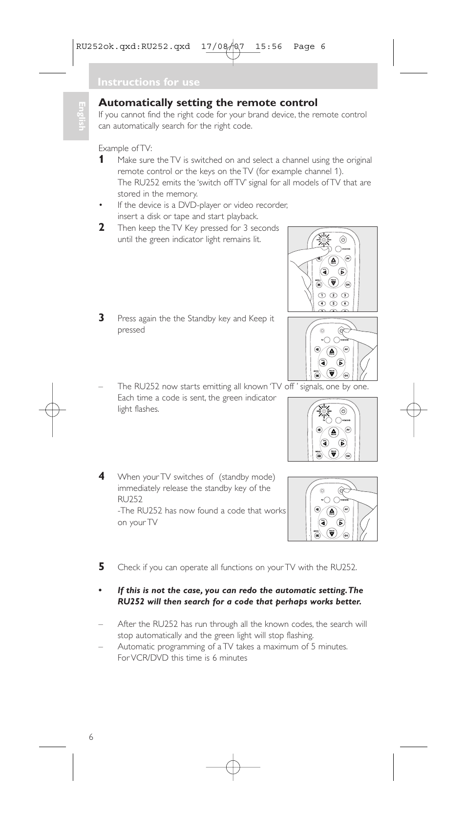 Automatically setting the remote control, Instructions for use | Philips SBCRU252 User Manual | Page 6 / 72