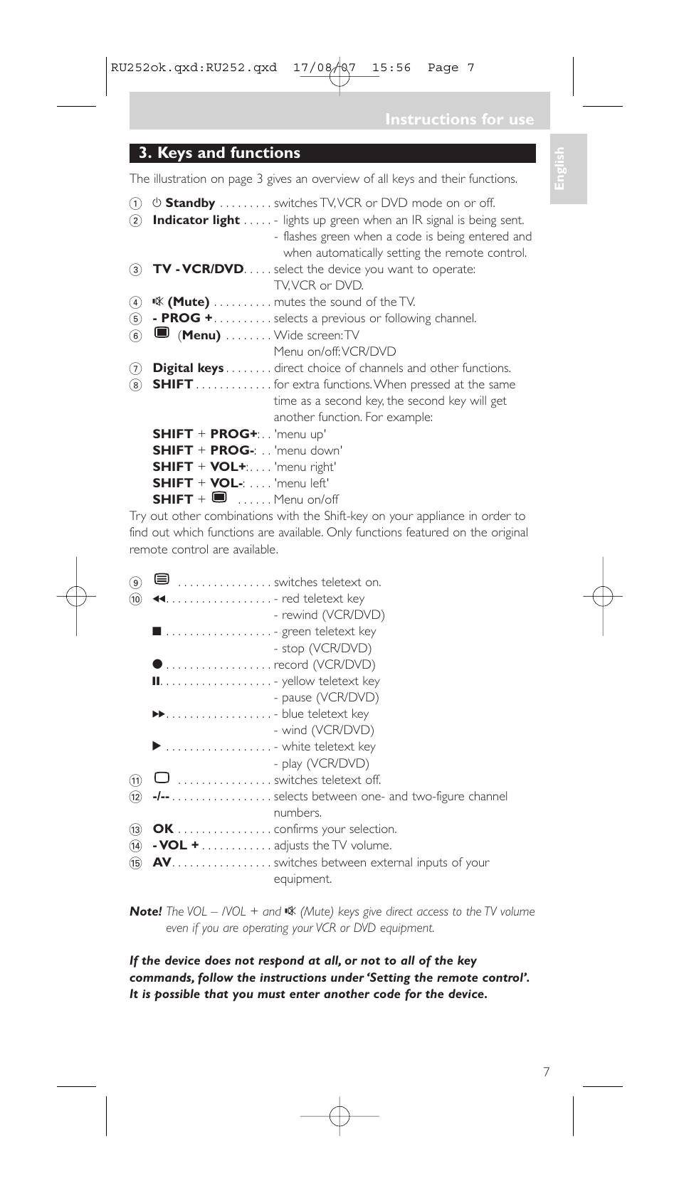 Keys and functions, Instructions for use | Philips SBCRU252 User Manual | Page 7 / 72