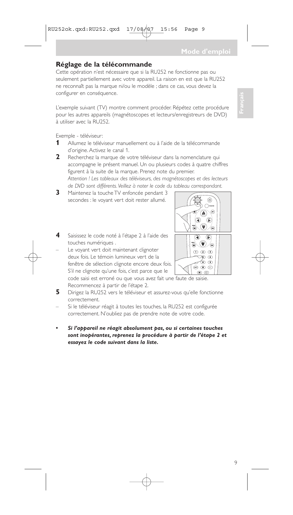 Réglage de la télécommande, Mode d'emploi | Philips SBCRU252 User Manual | Page 9 / 72
