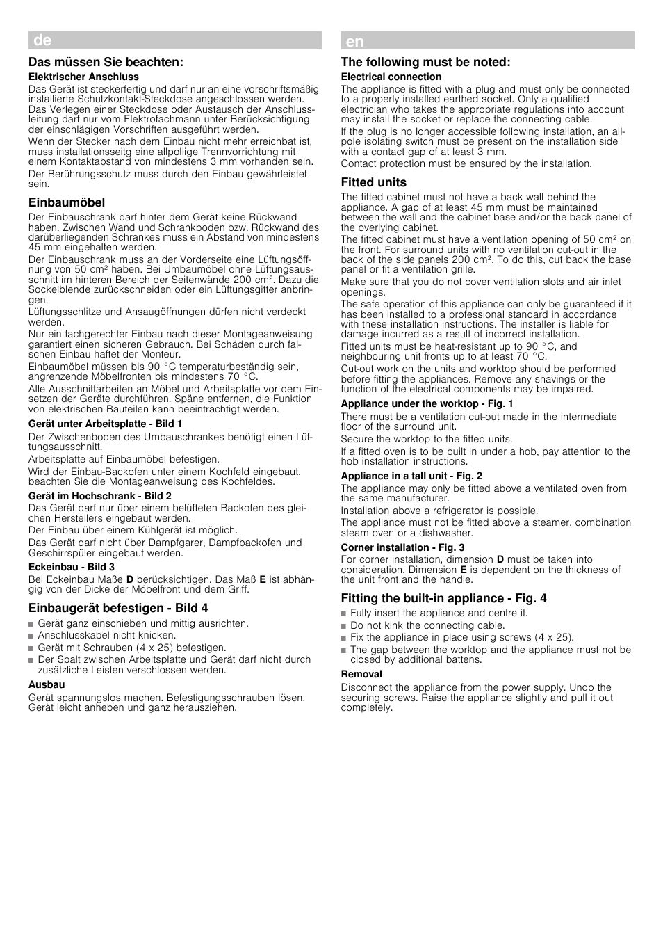 Das müssen sie beachten, Einbaumöbel, Gerät unter arbeitsplatte - bild 1 | Gerät im hochschrank - bild 2, Eckeinbau - bild 3, Einbaugerät befestigen - bild 4, Ausbau, The following must be noted, Fitted units, Appliance under the worktop - fig. 1 | Bosch HBC86K753 Edelstahl Kompaktgerät mit integrierter Mikrowelle User Manual | Page 3 / 10