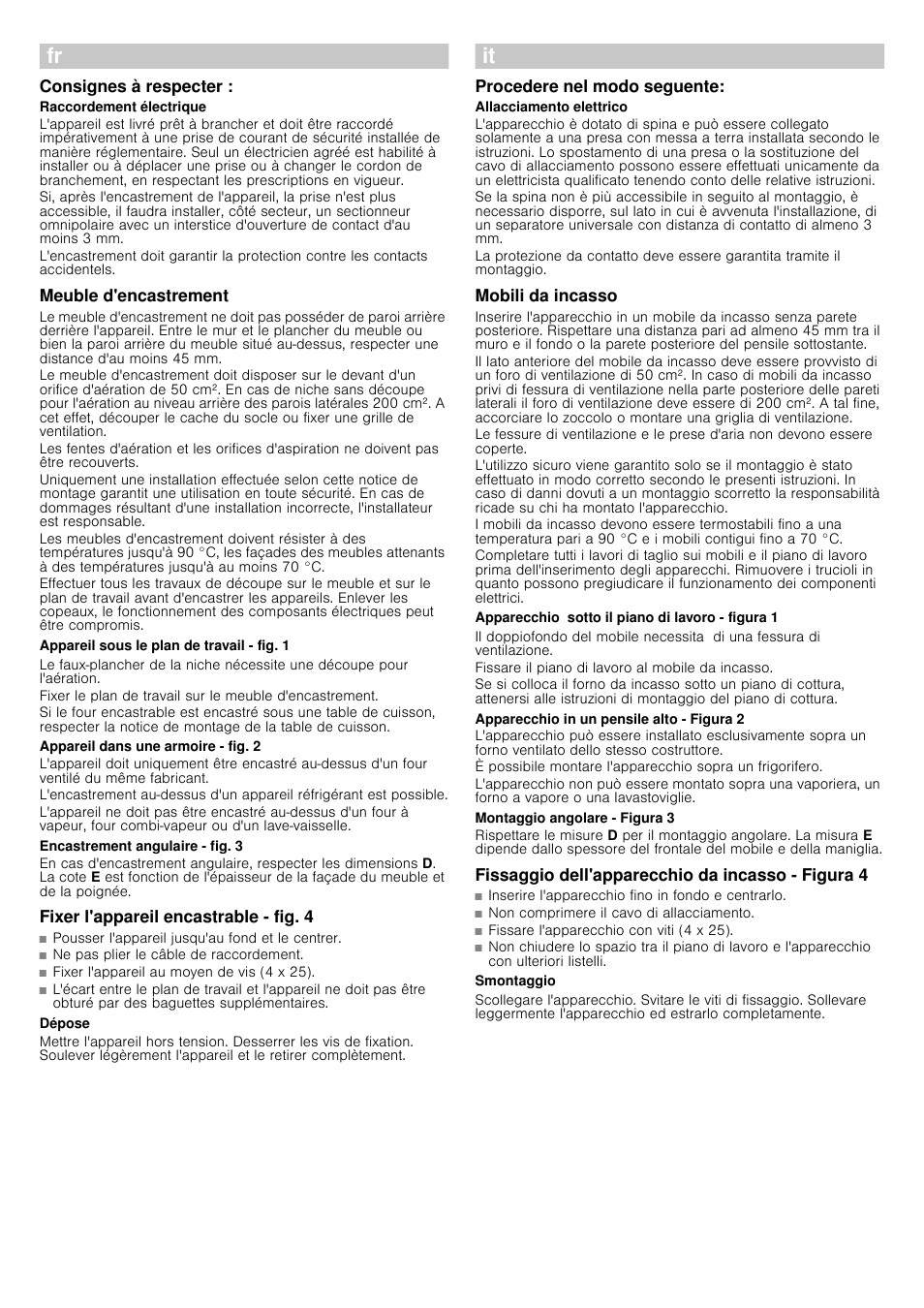 Consignes à respecter, Meuble d'encastrement, Appareil sous le plan de travail - fig. 1 | Appareil dans une armoire - fig. 2, Encastrement angulaire ­ fig. 3, Fixer l'appareil encastrable ­ fig. 4, Dépose, Procedere nel modo seguente, Mobili da incasso, Apparecchio sotto il piano di lavoro - figura 1 | Bosch HBC86K753 Edelstahl Kompaktgerät mit integrierter Mikrowelle User Manual | Page 4 / 10