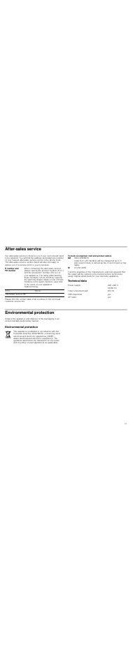 After-sales service, To book an engineer visit and product advice, Technical data | Environmental protection | Bosch HSC140652 Einbau-Wärmeschublade Edelstahl 141 mm hoch User Manual | Page 11 / 32