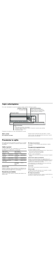 Cajón calientaplatos, Abrir y cerrar, Precalentar la vajilla | Vajilla en general, Colocar la vajilla, Recipientes para bebidas, M ¡peligro de quemaduras, Proceder de la siguiente forma, Colocar la vajilla en el cajón, Cerrar el cajón calientaplatos | Bosch HSC140652 Einbau-Wärmeschublade Edelstahl 141 mm hoch User Manual | Page 13 / 32