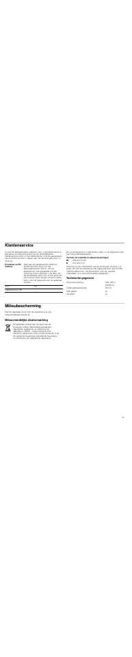 Klantenservice, Verzoek om reparatie en advies bij storingen, Technische gegevens | Milieubescherming, Milieuvriendelijke afvalverwerking | Bosch HSC140652 Einbau-Wärmeschublade Edelstahl 141 mm hoch User Manual | Page 31 / 32