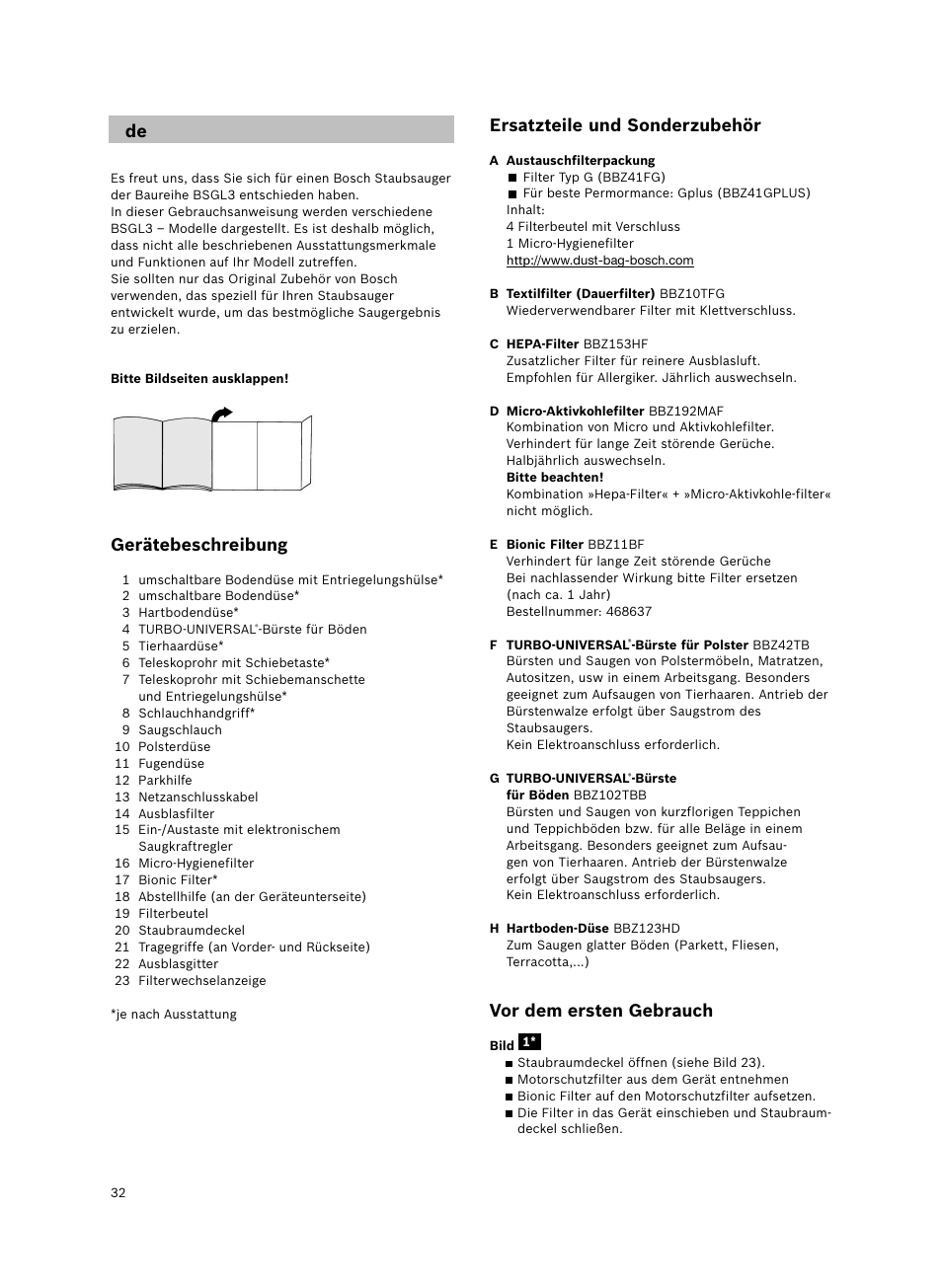 Gerätebeschreibung, Ersatzteile und sonderzubehör, Vor dem ersten gebrauch | Bosch Bodenstaubsauger Beutel BSGL32400 kirschrot-metallic Bosch GL-30 2400W User Manual | Page 38 / 123