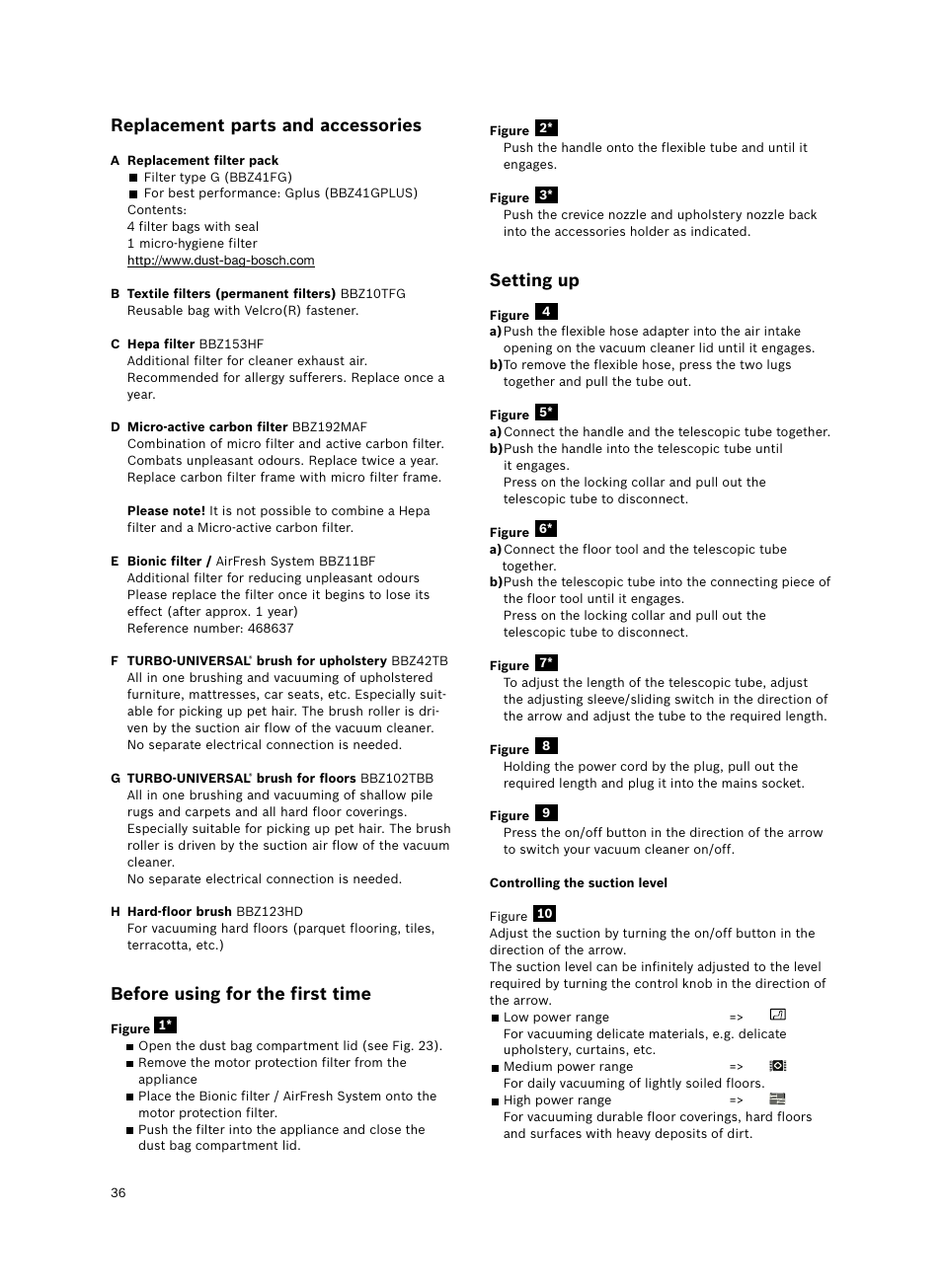 Replacement parts and accessories, Before using for the first time, Setting up | Bosch Bodenstaubsauger Beutel BSGL32400 kirschrot-metallic Bosch GL-30 2400W User Manual | Page 42 / 123