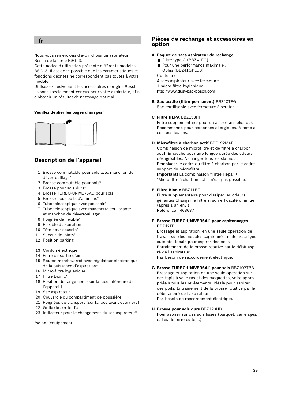 Description de l’appareil, Pièces de rechange et accessoires en option | Bosch Bodenstaubsauger Beutel BSGL32400 kirschrot-metallic Bosch GL-30 2400W User Manual | Page 45 / 123