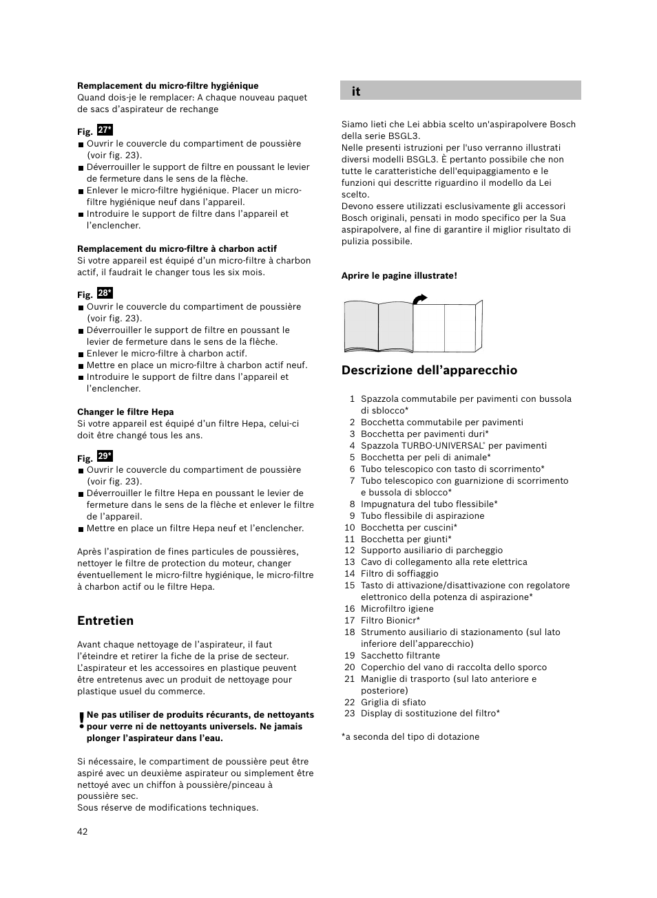 Entretien, Descrizione dell’apparecchio | Bosch Bodenstaubsauger Beutel BSGL32400 kirschrot-metallic Bosch GL-30 2400W User Manual | Page 48 / 123