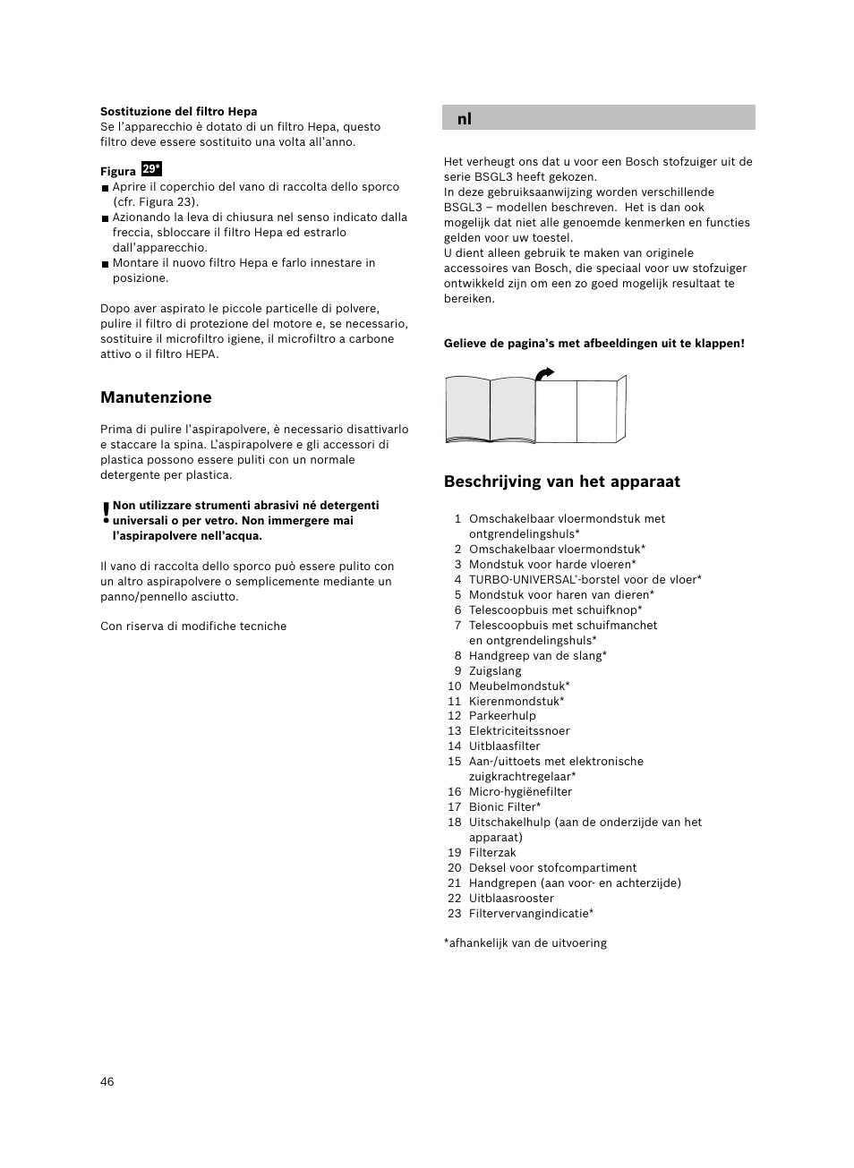 Beschrijving van het apparaat, Manutenzione | Bosch Bodenstaubsauger Beutel BSGL32400 kirschrot-metallic Bosch GL-30 2400W User Manual | Page 52 / 123