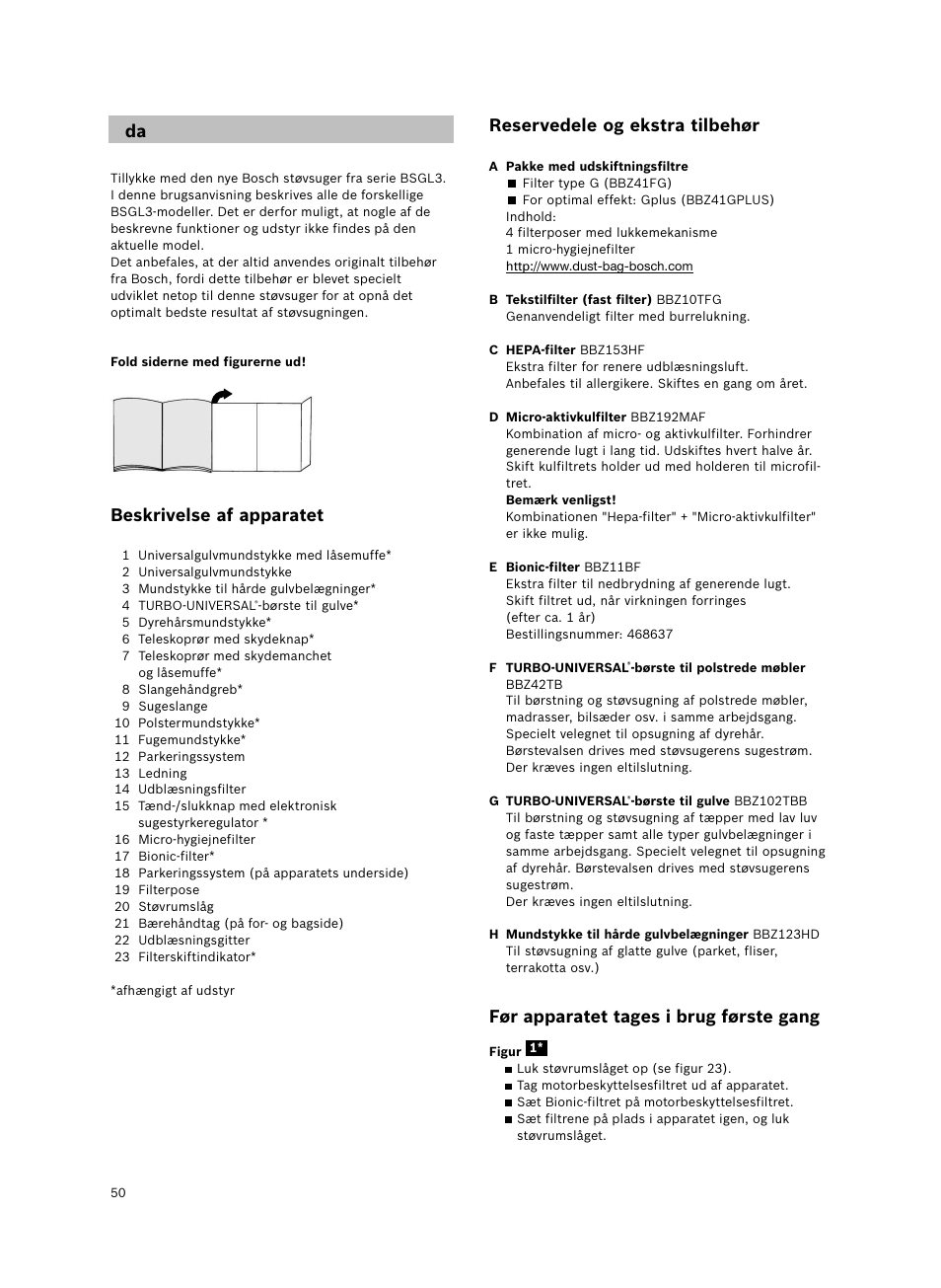 Beskrivelse af apparatet, Reservedele og ekstra tilbehør, Før apparatet tages i brug første gang | Bosch Bodenstaubsauger Beutel BSGL32400 kirschrot-metallic Bosch GL-30 2400W User Manual | Page 56 / 123