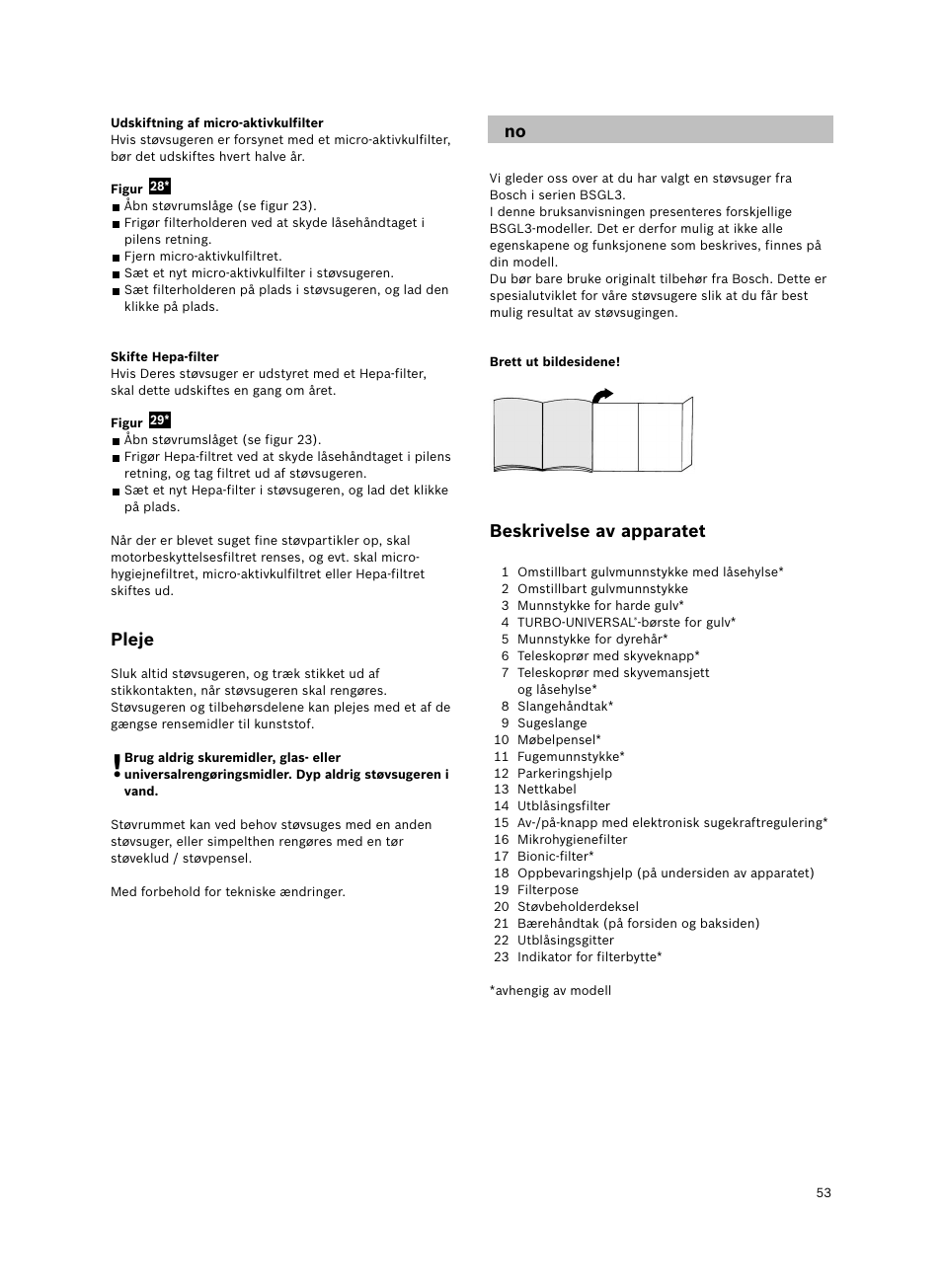 Beskrivelse av apparatet, Pleje | Bosch Bodenstaubsauger Beutel BSGL32400 kirschrot-metallic Bosch GL-30 2400W User Manual | Page 59 / 123