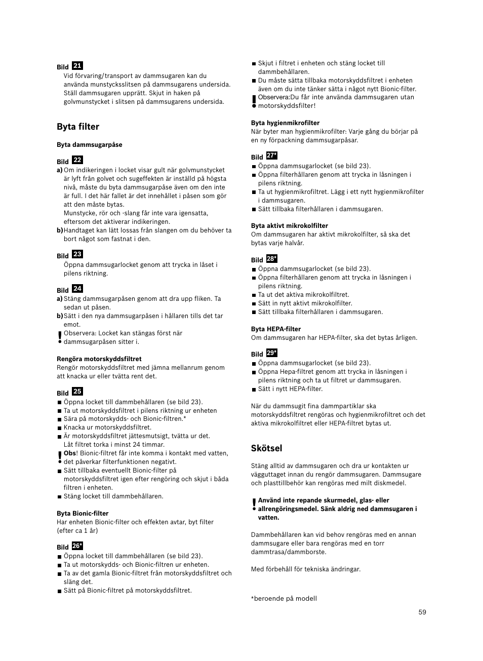 Skötsel, Byta filter | Bosch Bodenstaubsauger Beutel BSGL32400 kirschrot-metallic Bosch GL-30 2400W User Manual | Page 65 / 123