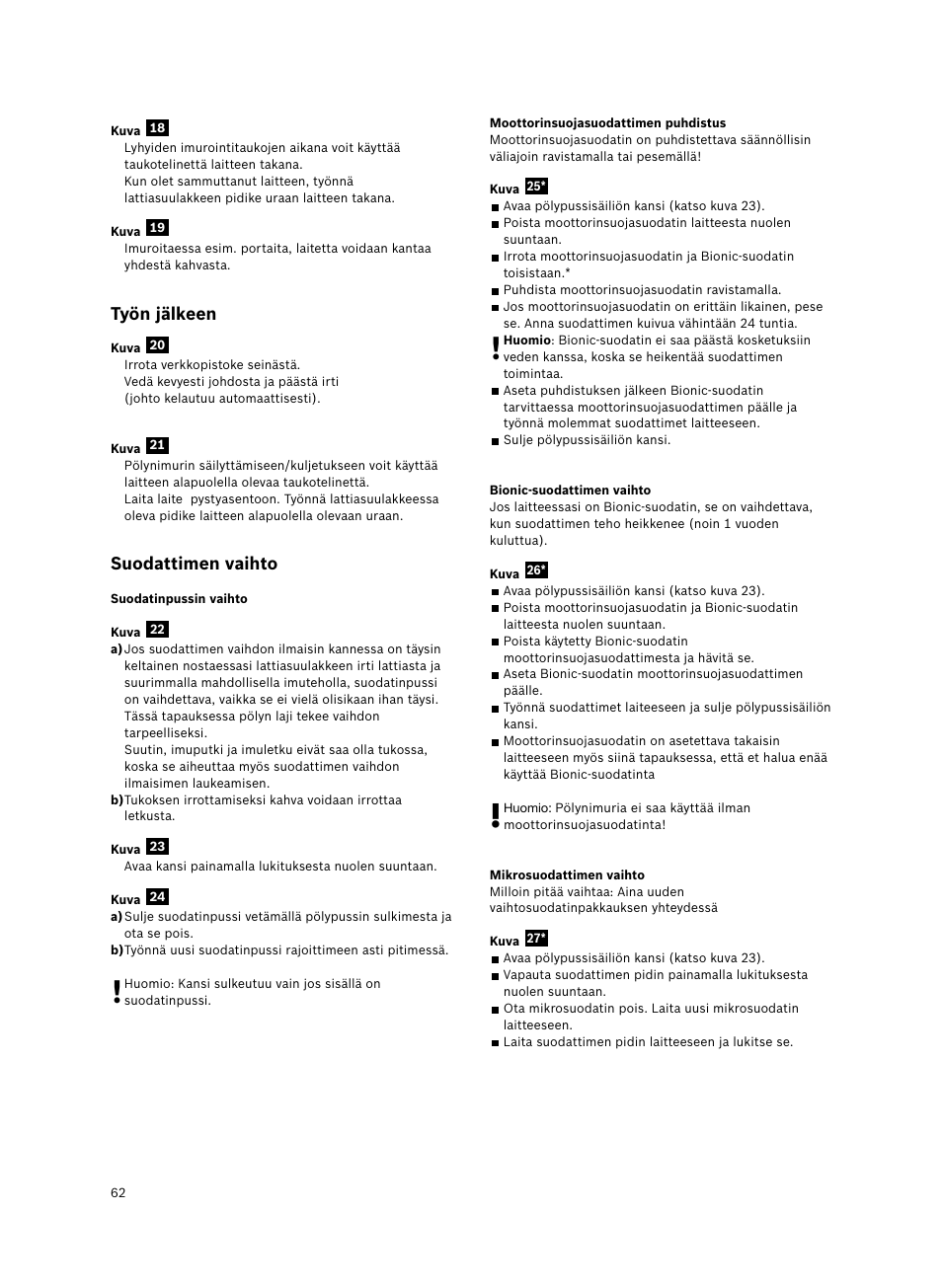 Työn jälkeen, Suodattimen vaihto | Bosch Bodenstaubsauger Beutel BSGL32400 kirschrot-metallic Bosch GL-30 2400W User Manual | Page 68 / 123