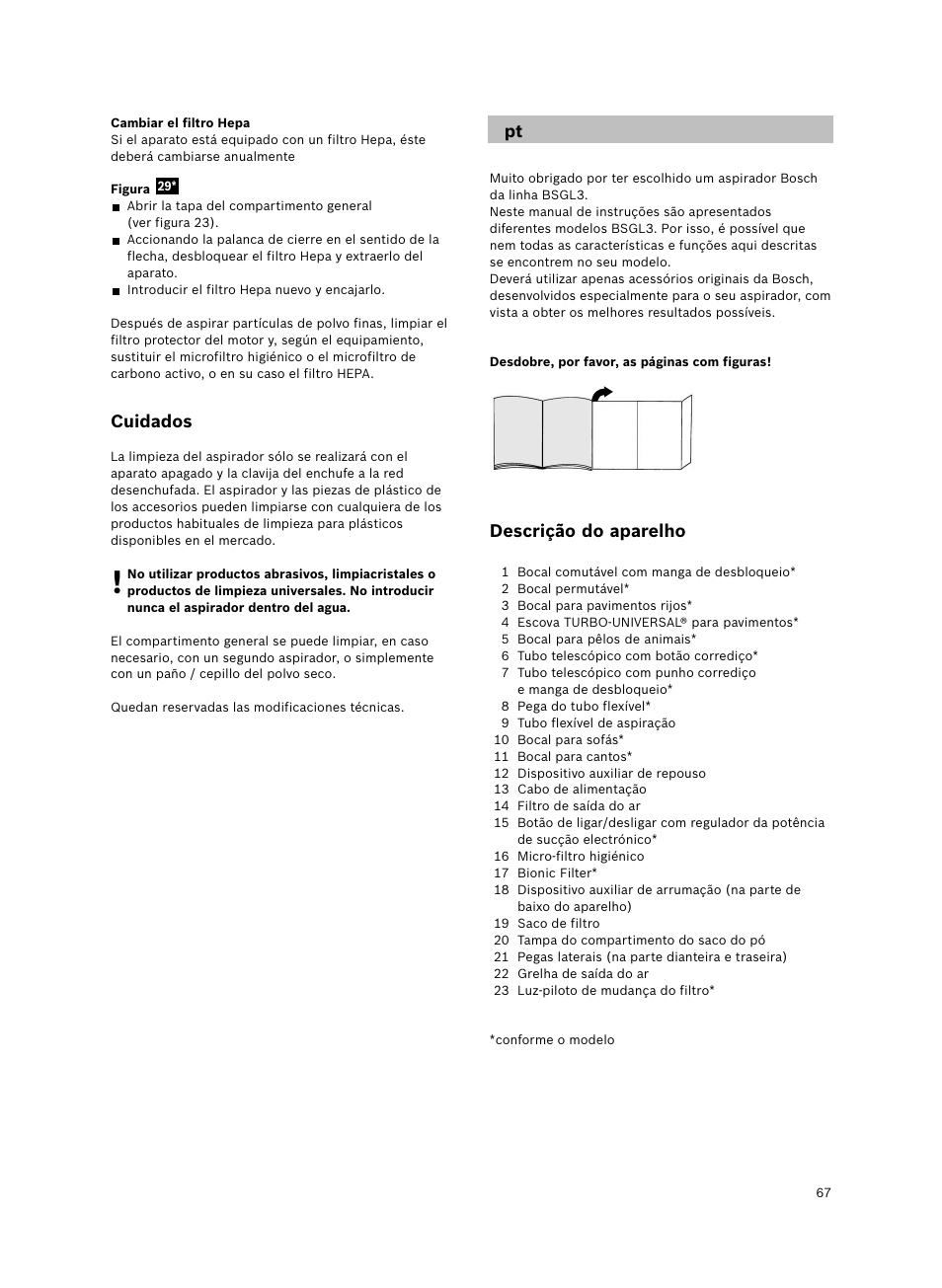 Descrição do aparelho, Cuidados | Bosch Bodenstaubsauger Beutel BSGL32400 kirschrot-metallic Bosch GL-30 2400W User Manual | Page 73 / 123