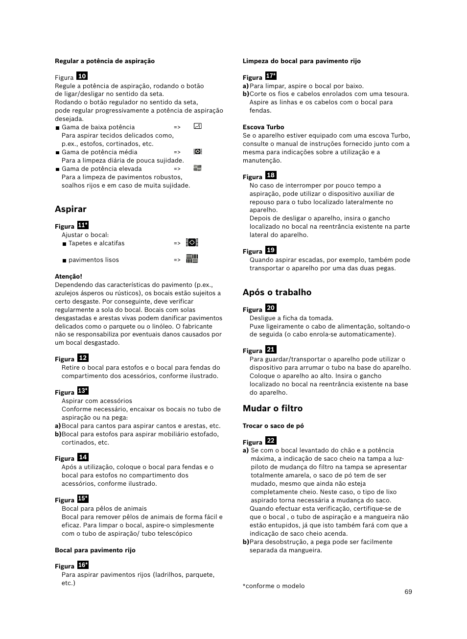 Aspirar, Após o trabalho, Mudar o filtro | Bosch Bodenstaubsauger Beutel BSGL32400 kirschrot-metallic Bosch GL-30 2400W User Manual | Page 75 / 123