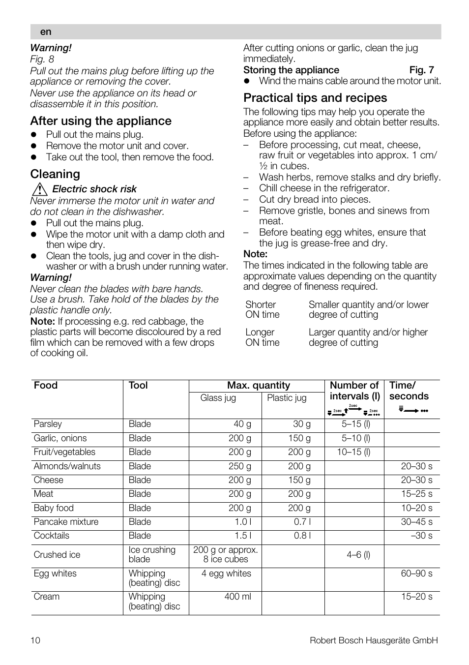 After using the appliance, Cleaning, Practical tips and recipes | Bosch MMR08R2 Universal -Zerkleinerer rot grau User Manual | Page 10 / 102