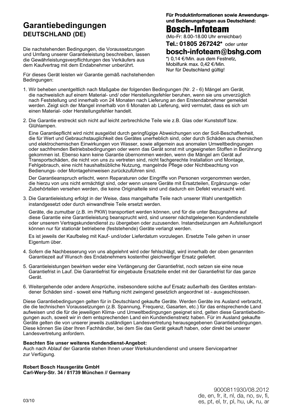 Bosch-infoteam, Garantiebedingungen | Bosch MMR08R2 Universal -Zerkleinerer rot grau User Manual | Page 100 / 102